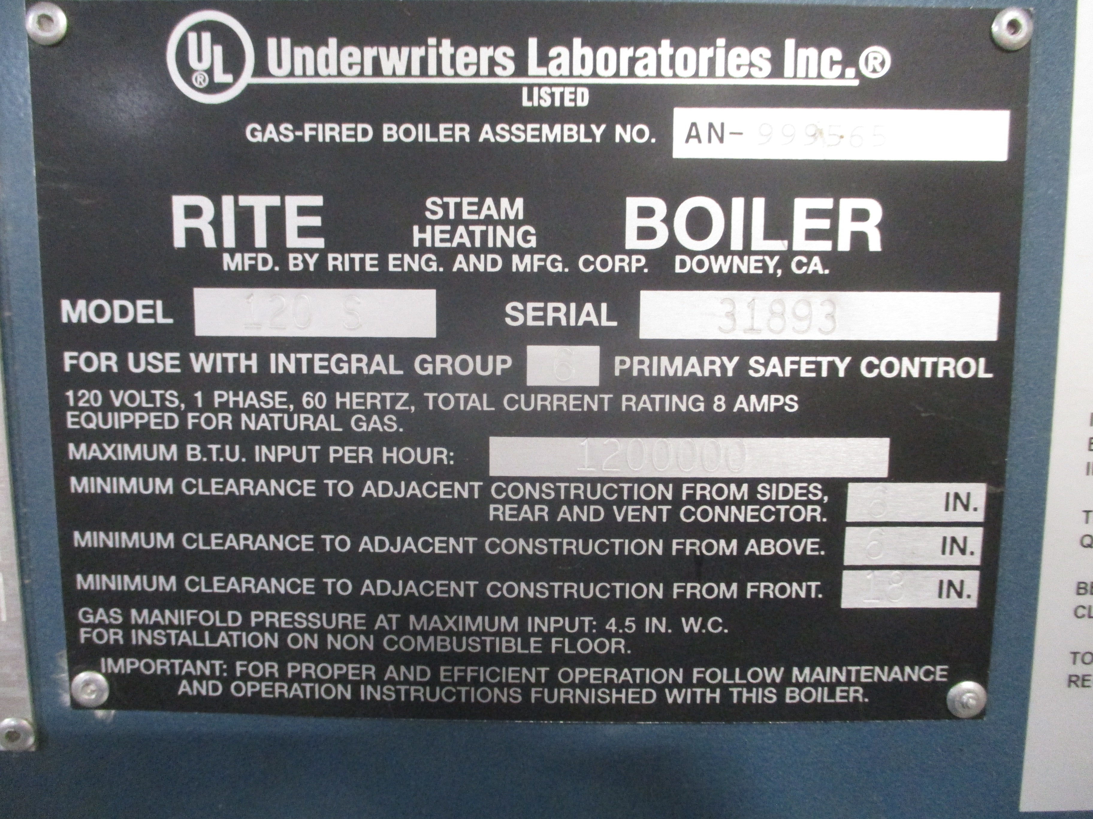 Rite Low Pressure Steam Boiler 120 S 1,200,000 BTU Input Per Hour 15PSI Max
