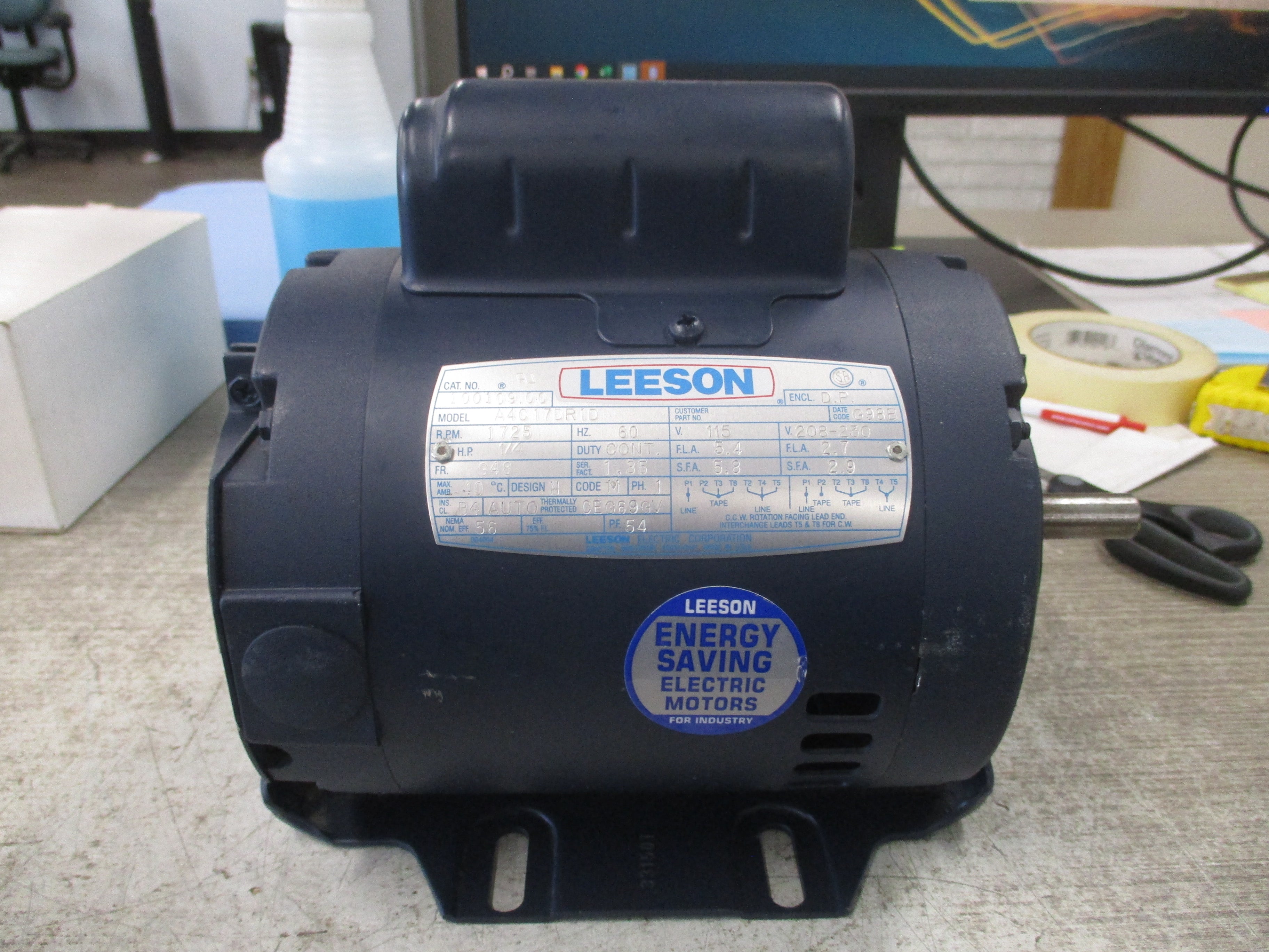 Leeson Motor A4C17DR1D 1800RPM 60Hz 115/208-230V 1/4HP 5.4/2.7A ENCL. DP FR. G48
