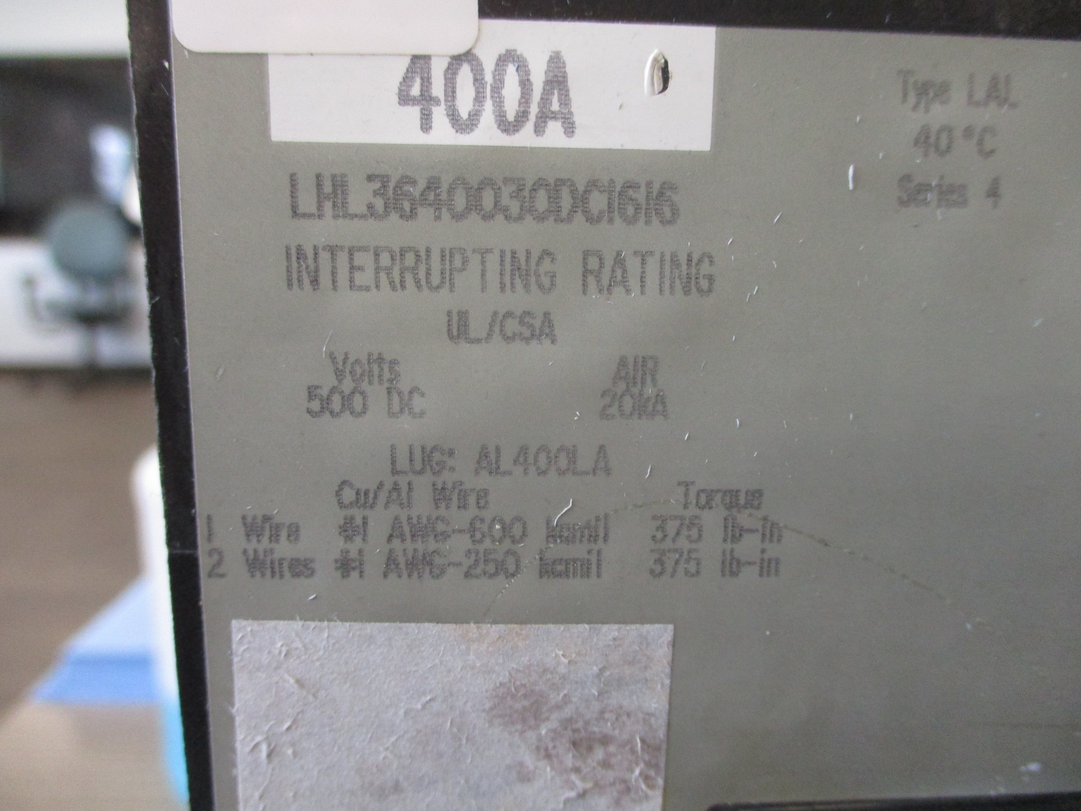 Square D Circuit Breaker LHL3640030DC1616 400A 500VDC W/Undervoltage Trip