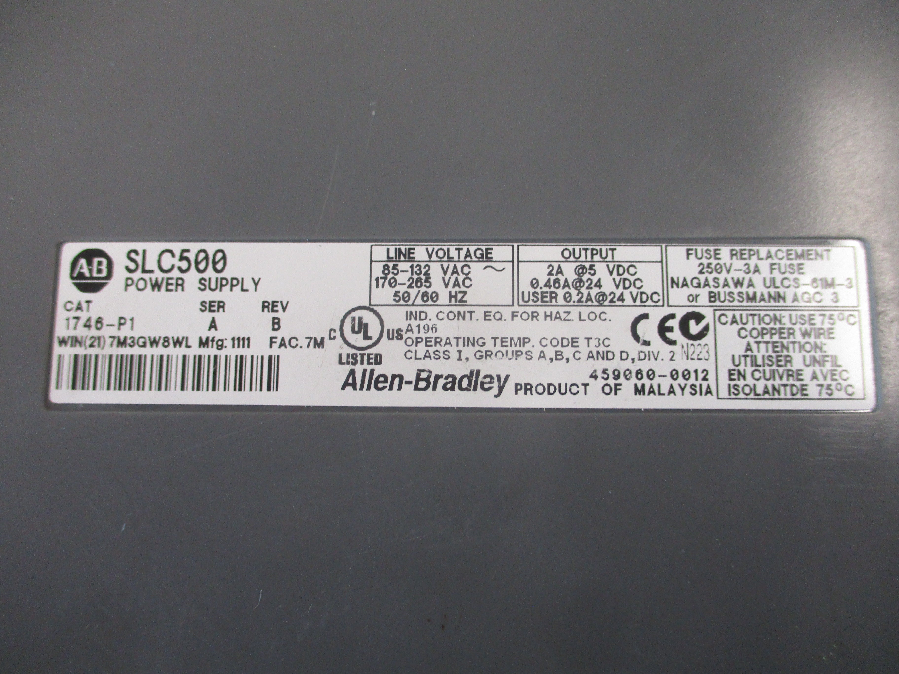 Allen-Bradley SLC 500 Power Supply 1746-P1 Ser. A Rev. B Input: 85-132VAC