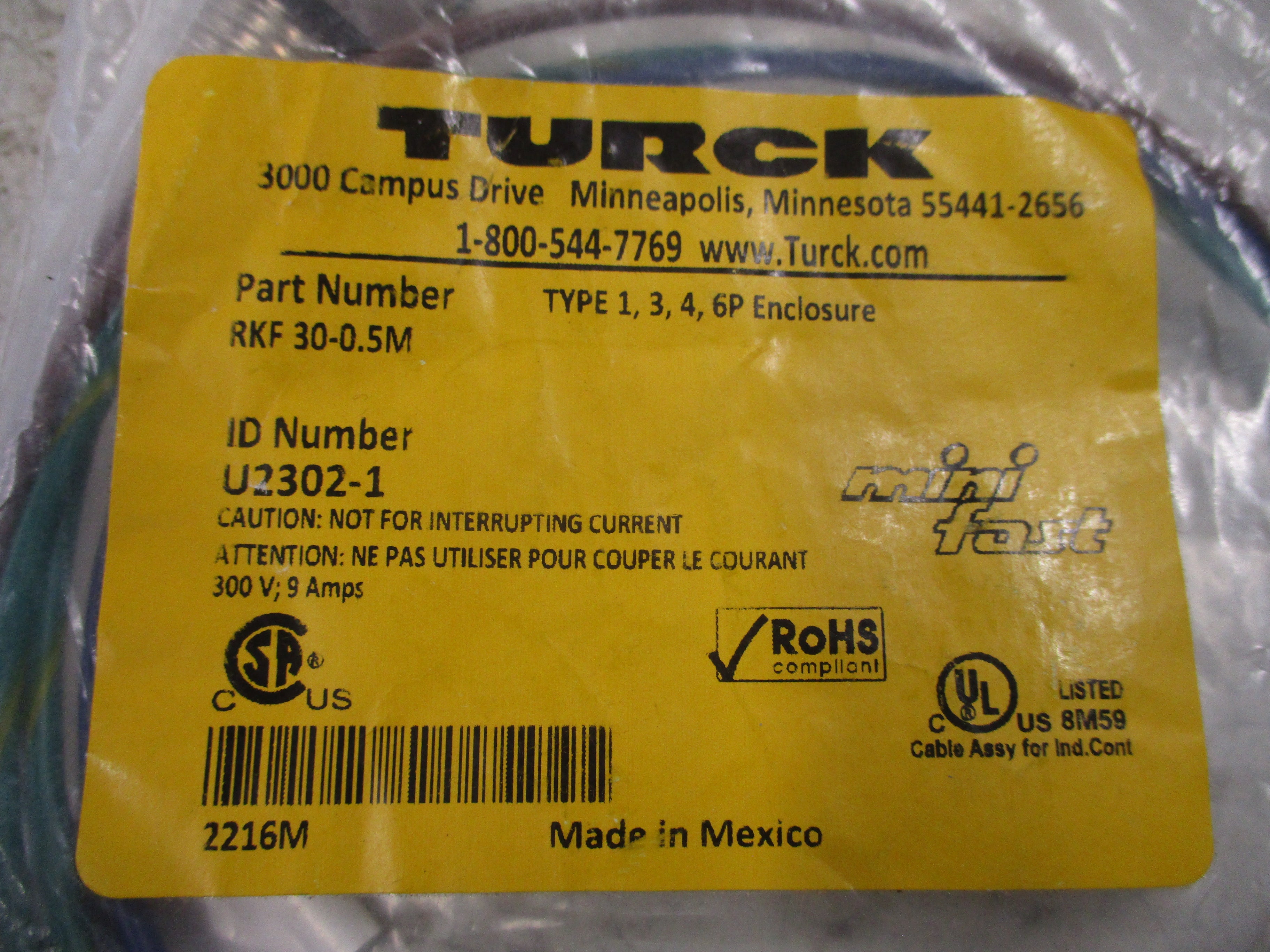Turck Mini Fast Receptacle RKF 30-0.5M Type 1,3,4,6P Enclosure 300V 9A