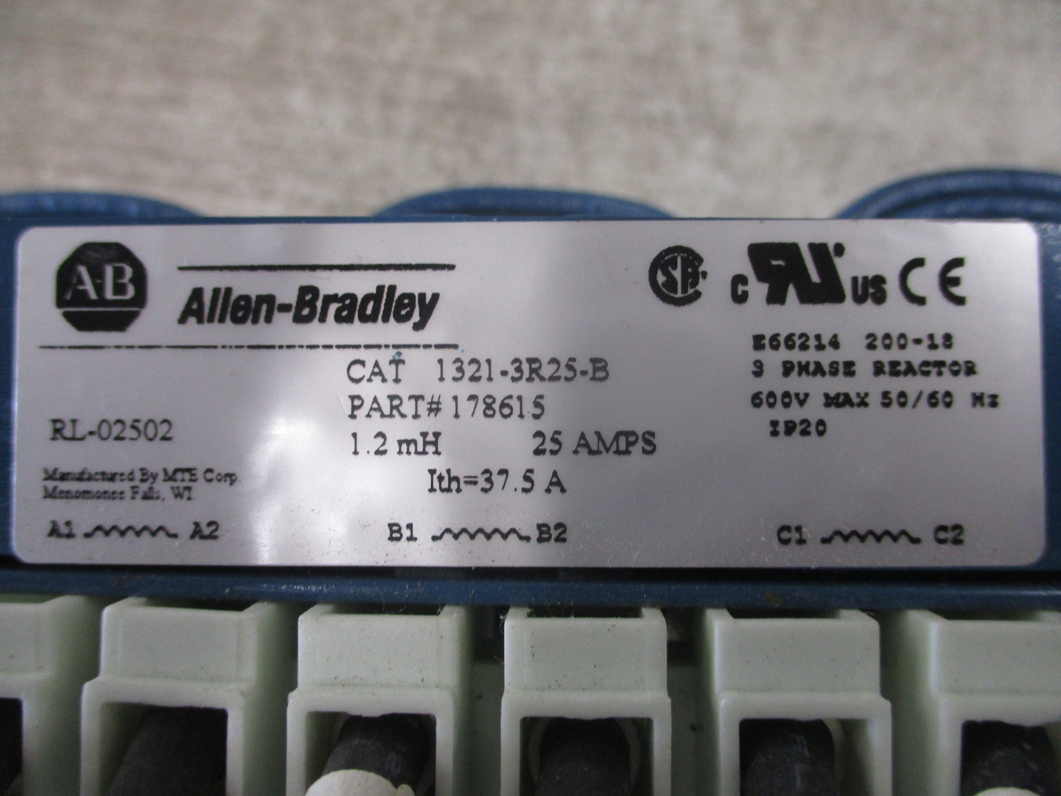 Allen-Bradley 1321-3R25-B Line Reactor 178615 1.2mH 25A 600V 3Ph Used