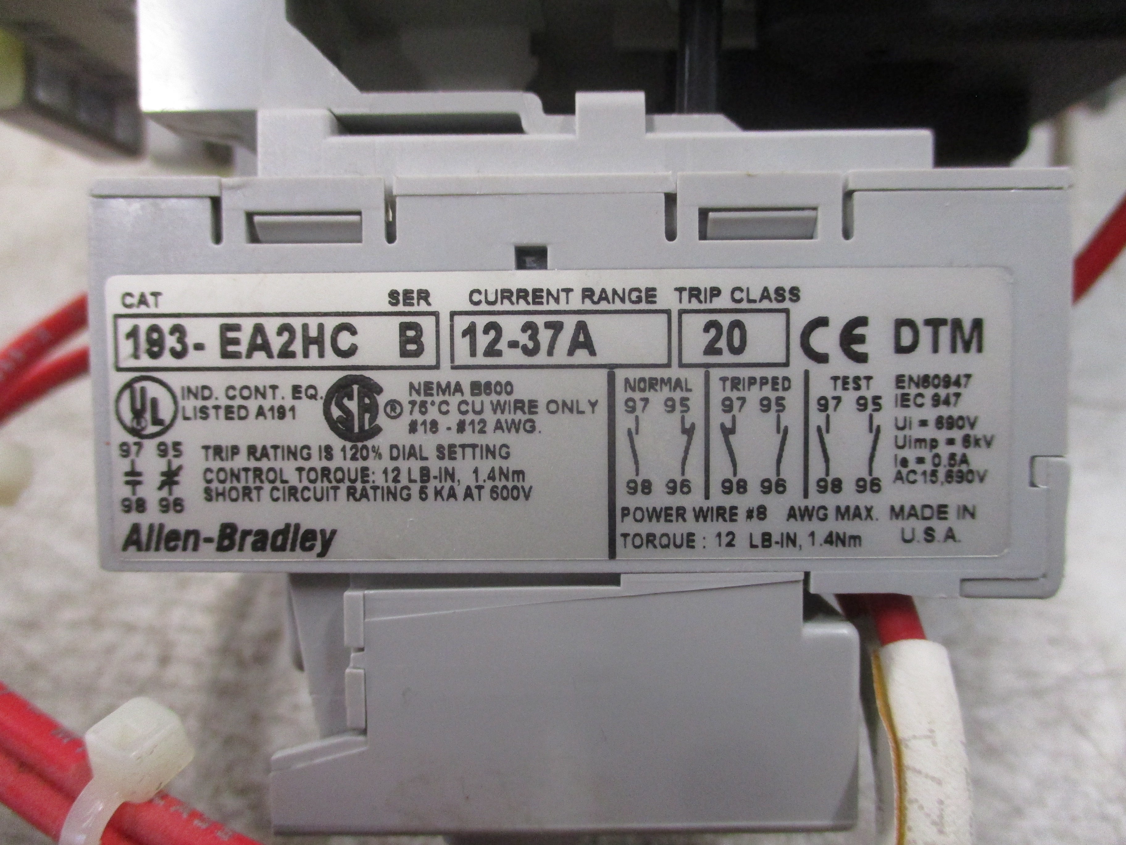 Allen-Bradley Reversing Starter 100-C37*00/193EA2HC 120V Coil Trip: 12-37A