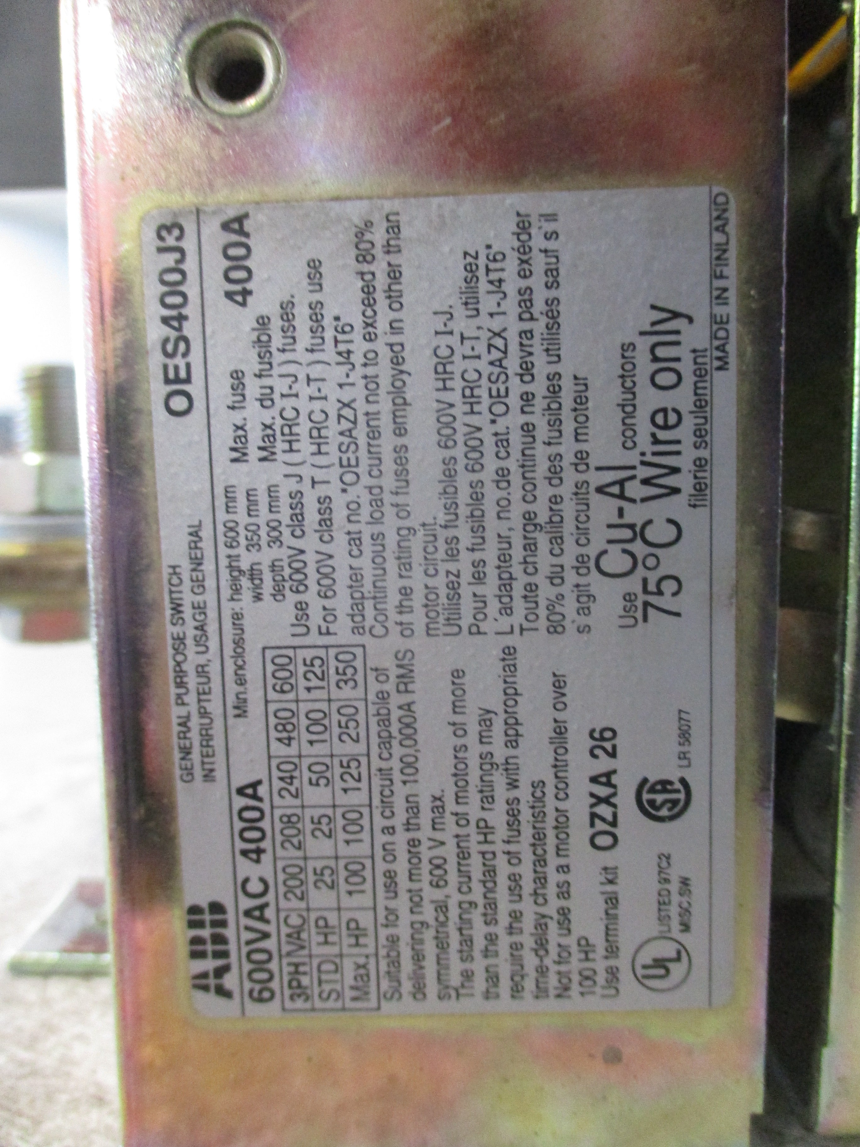 ABB Fusible Disconnect Switch OES400J3 400A 600V 3P (3) 250A Fuses *No Handle*