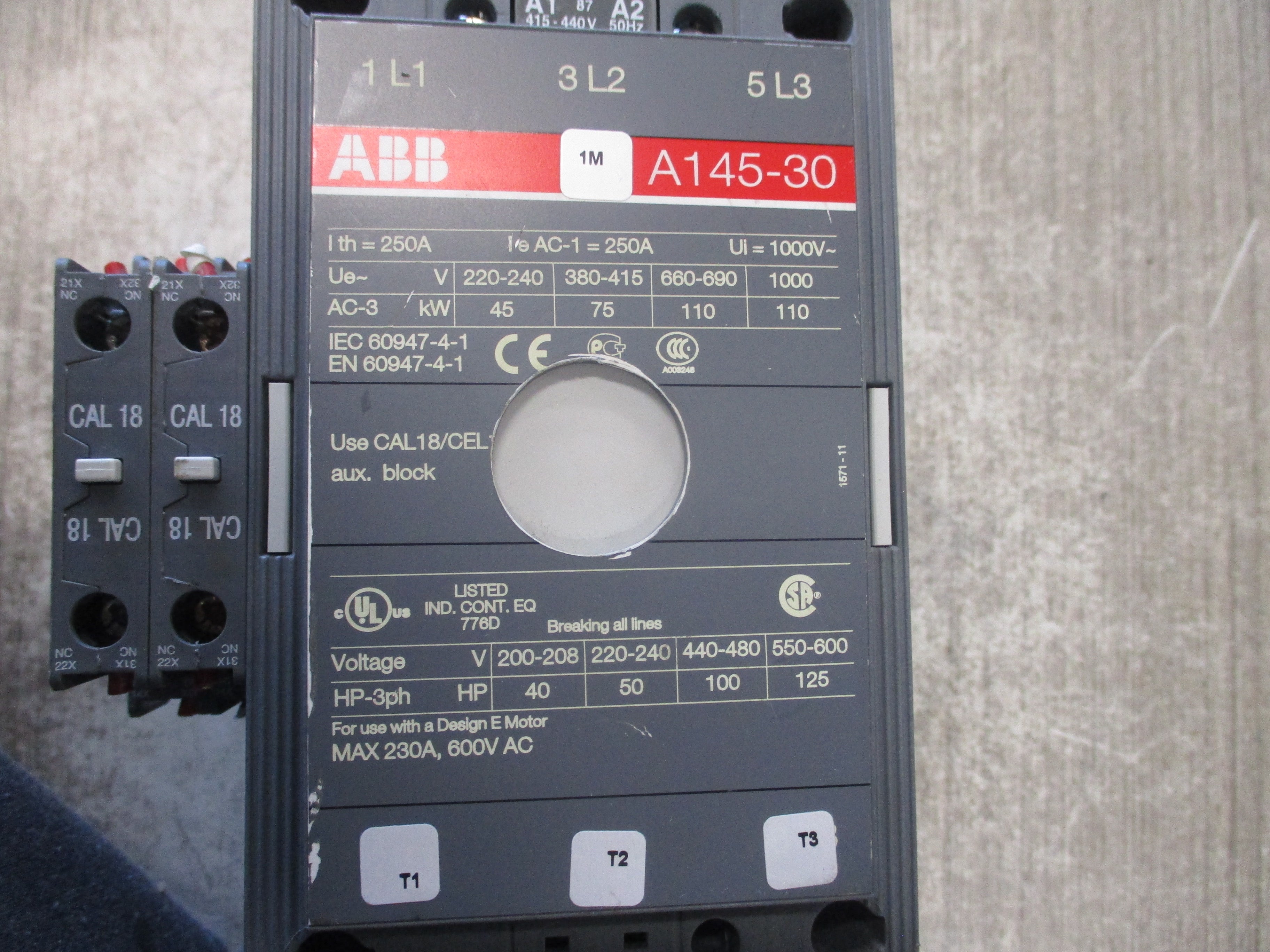 ABB Contactor A145-30 440-460V Coil 230A 600V (2) Aux Contacts Used