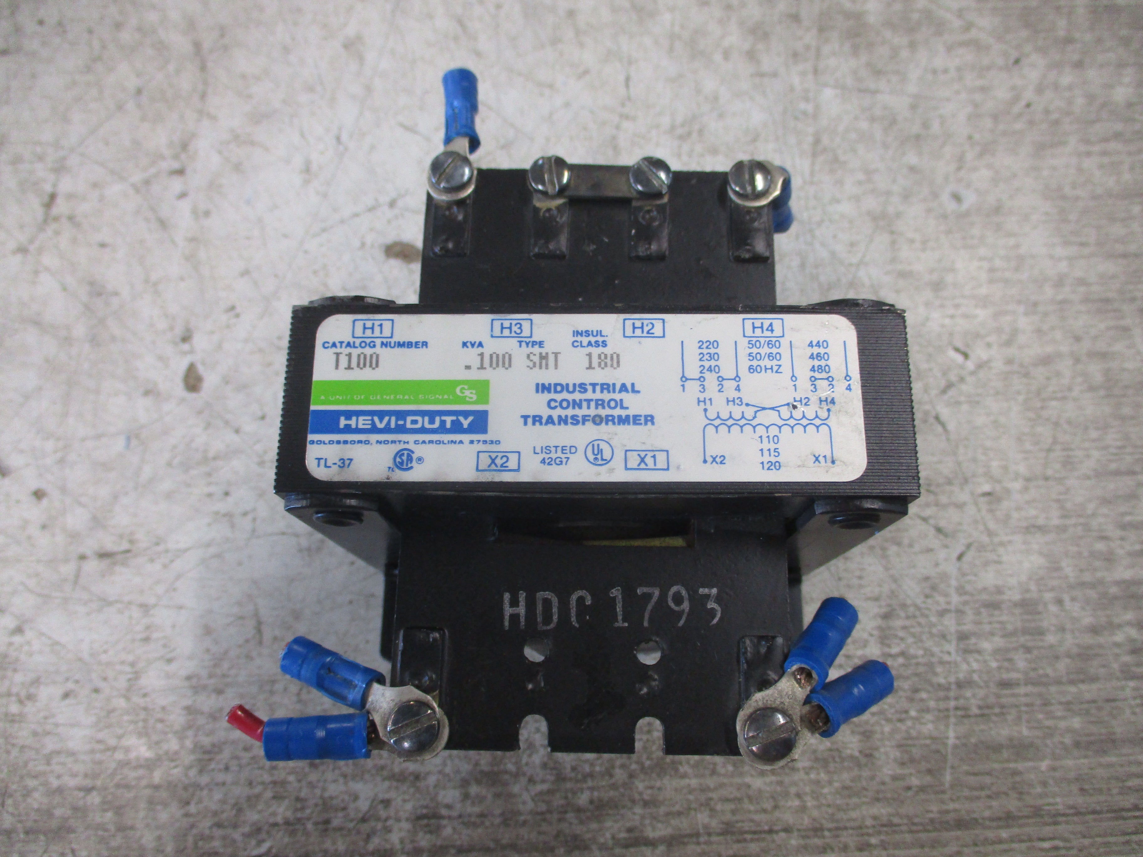 Hevi-Duty Control Transformer T100 0.100KVA Pri: 240/480V Sec: 120V Used