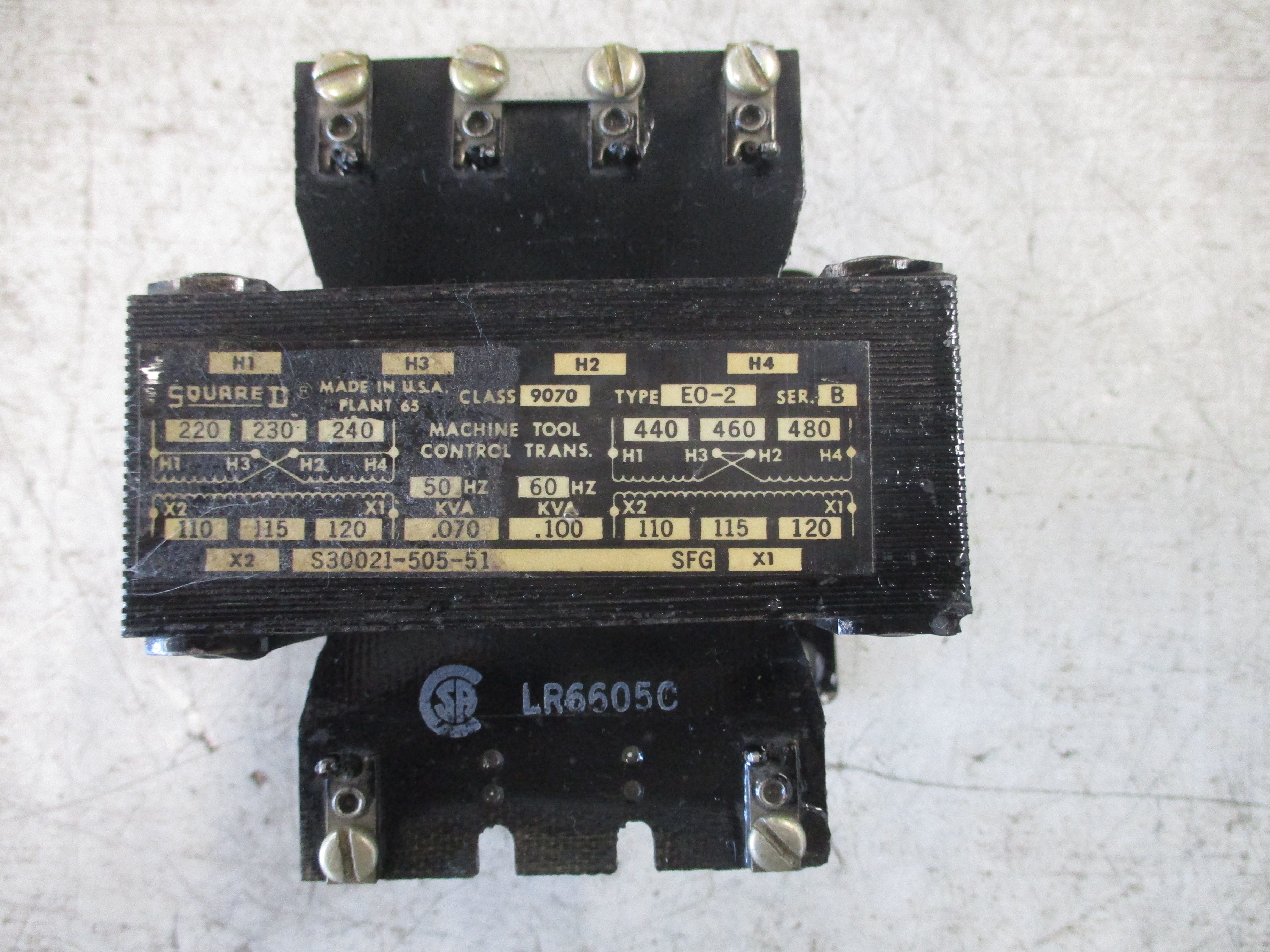 Square D 9070 EO-2 Control Transformer S30021-505-51 0.100KVA Pri: 240/480V