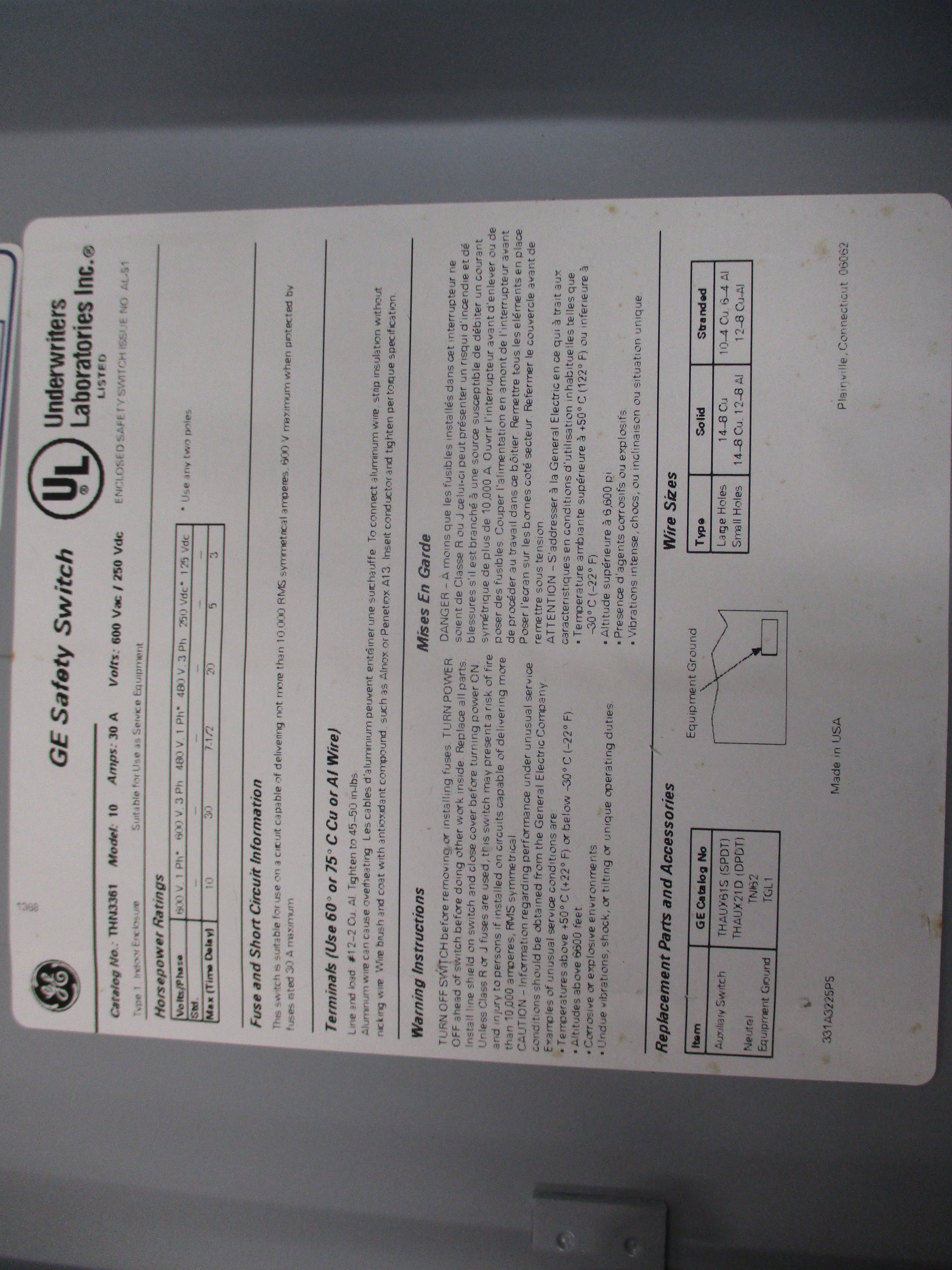 GE Non-Fusible Safety Switch THN3361 Mod. 10 30A 600V Used