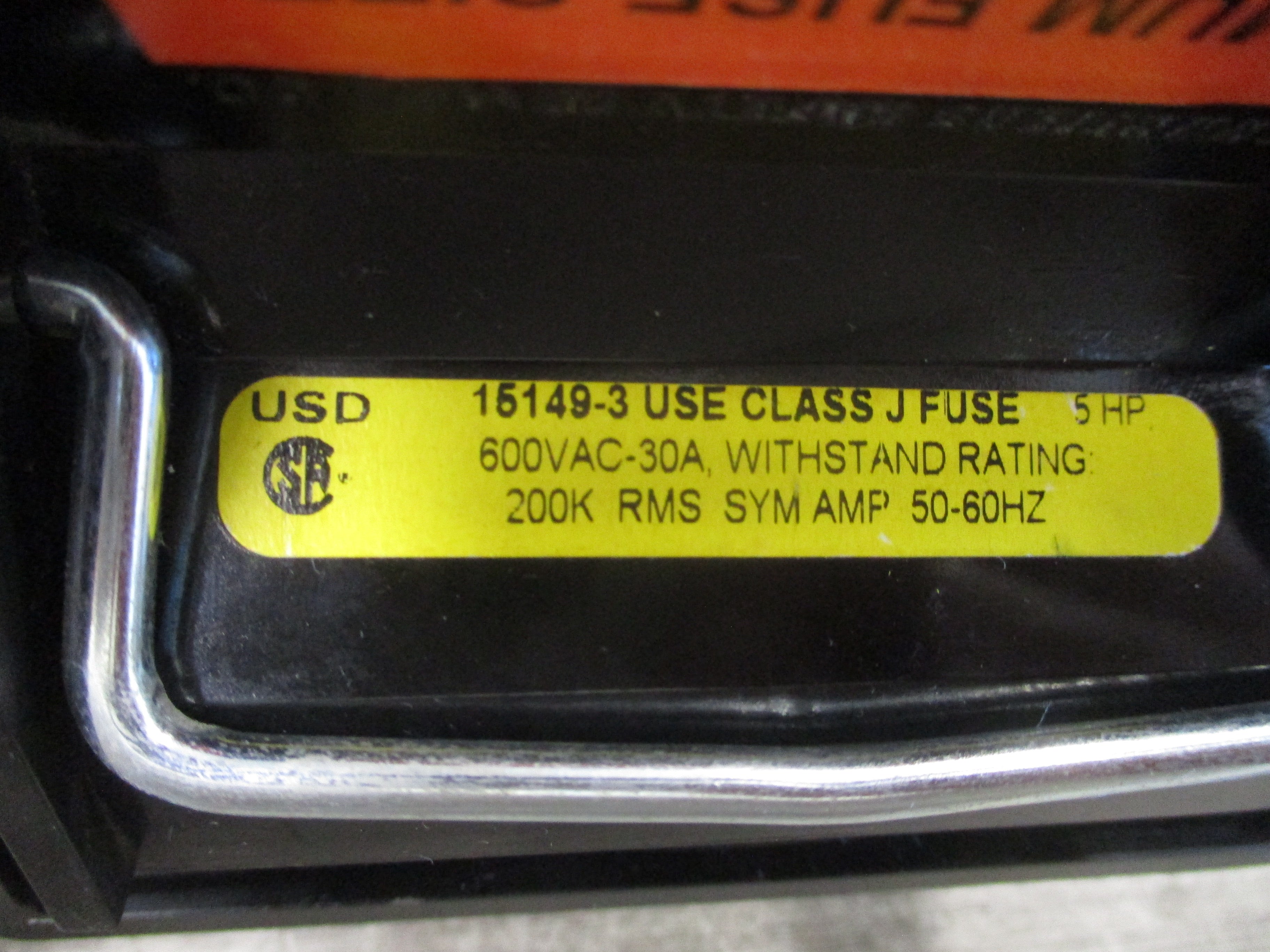 USD Pullout Switch 15149-3 Class J Fuse 600V 30A w/ (3) 6A Fuses Used