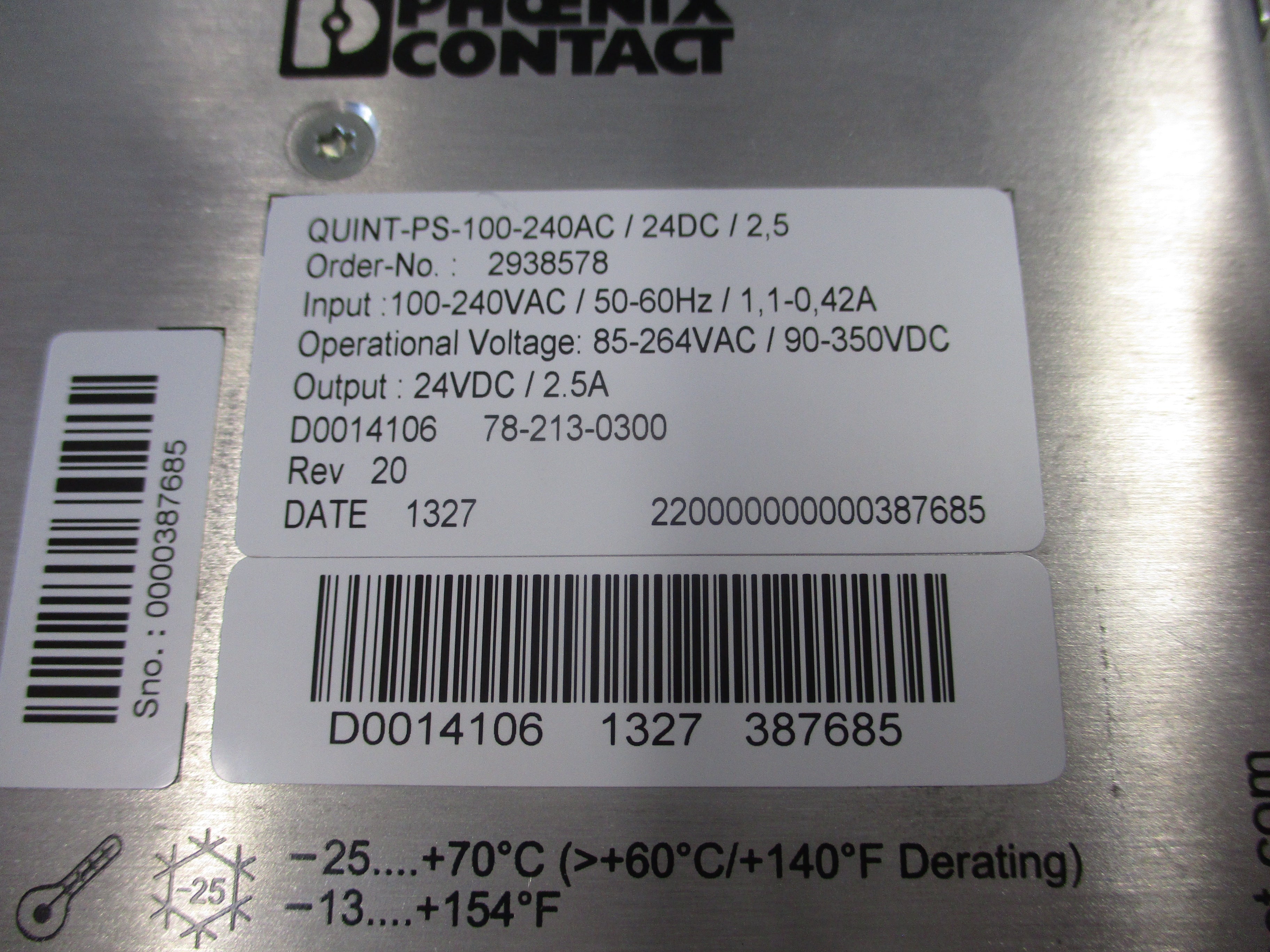 Phoenix Contact Power Supply 2938578 QUINT-PS-100-240AC/24DC/2,5 Rev. 20