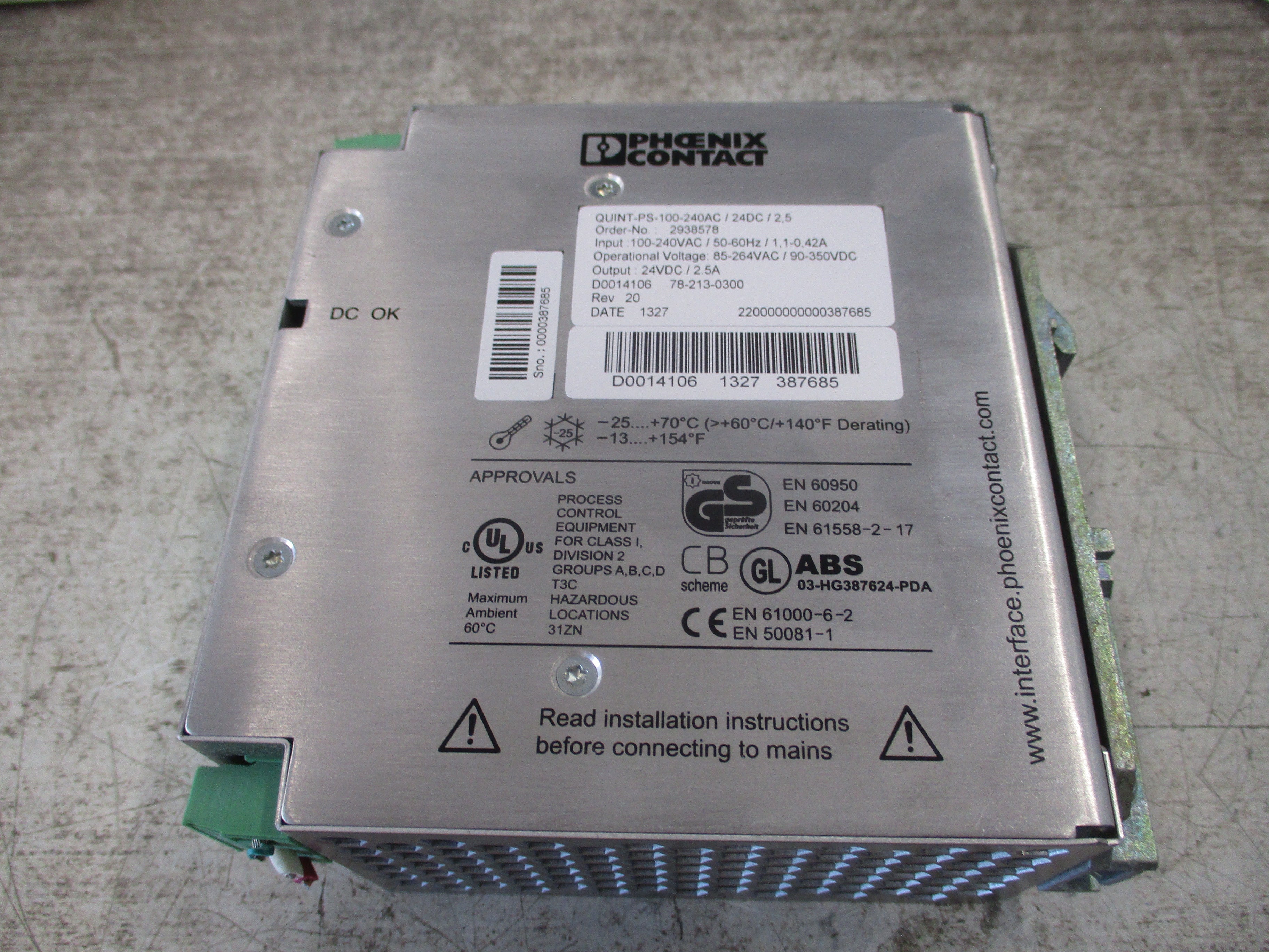 Phoenix Contact Power Supply 2938578 QUINT-PS-100-240AC/24DC/2,5 Rev. 20