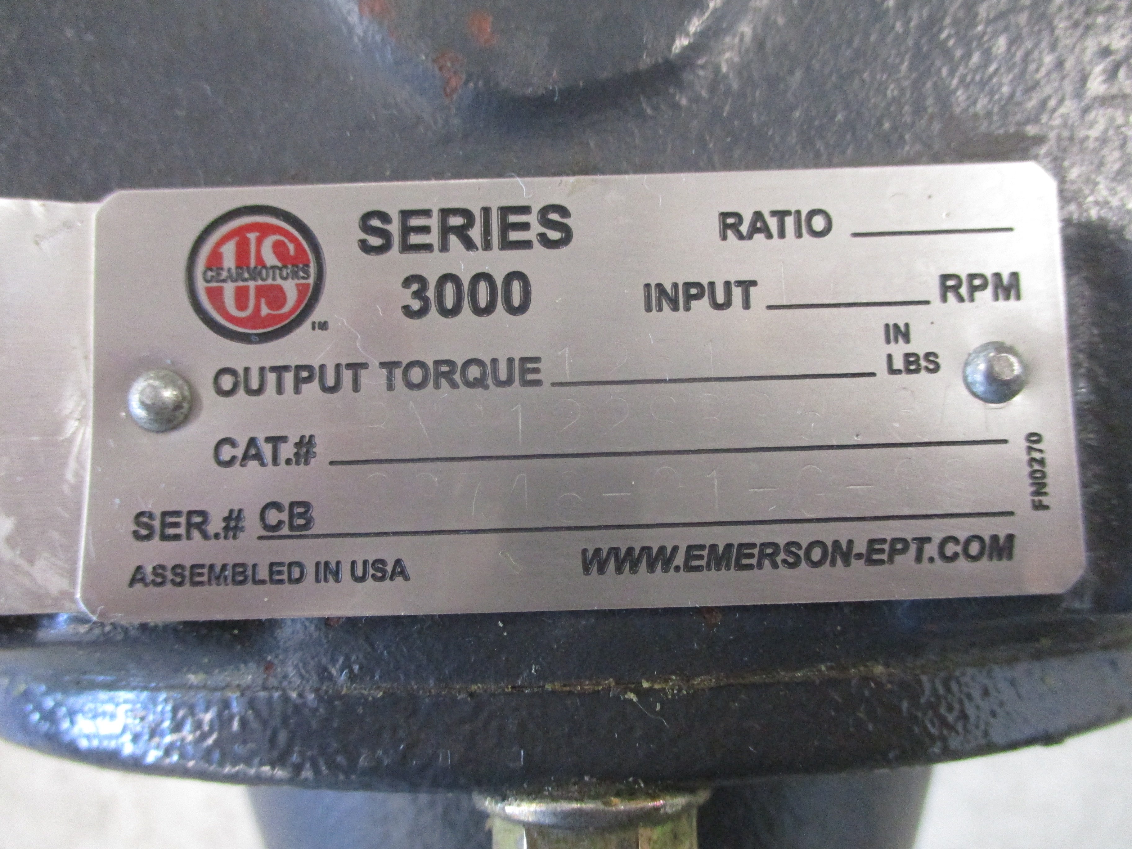 US Motors Series 3000 Gear Reducer OBN3122SB36.3 Ratio 6.3 Used