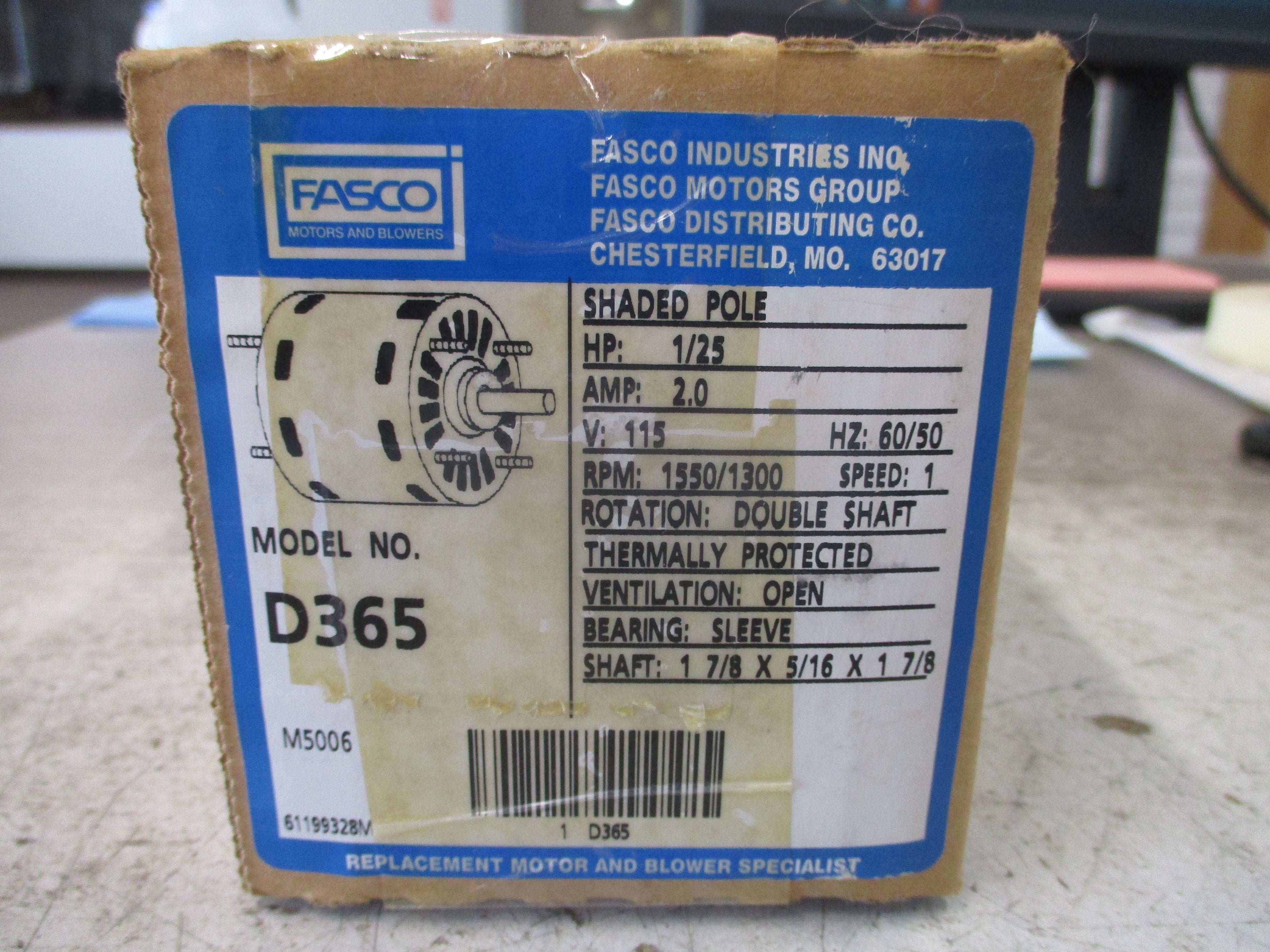 Fasco Motor D365 1/25HP 2.0A 115V 60/50Hz 1550/1300RPM New Surplus