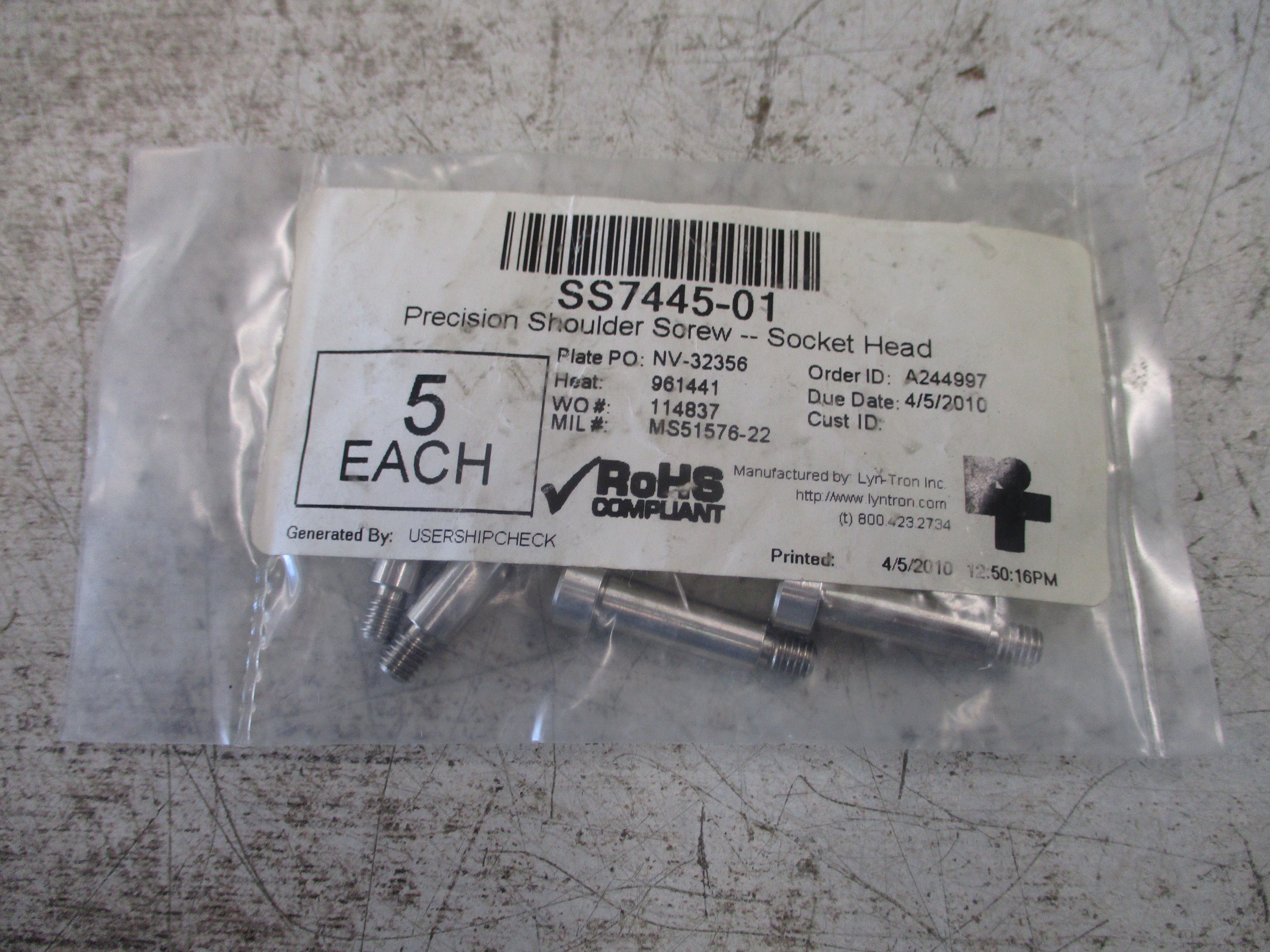 Lyn-Tron Stainless Steel Precision Shoulder Screw SS7445-01 Socket Head