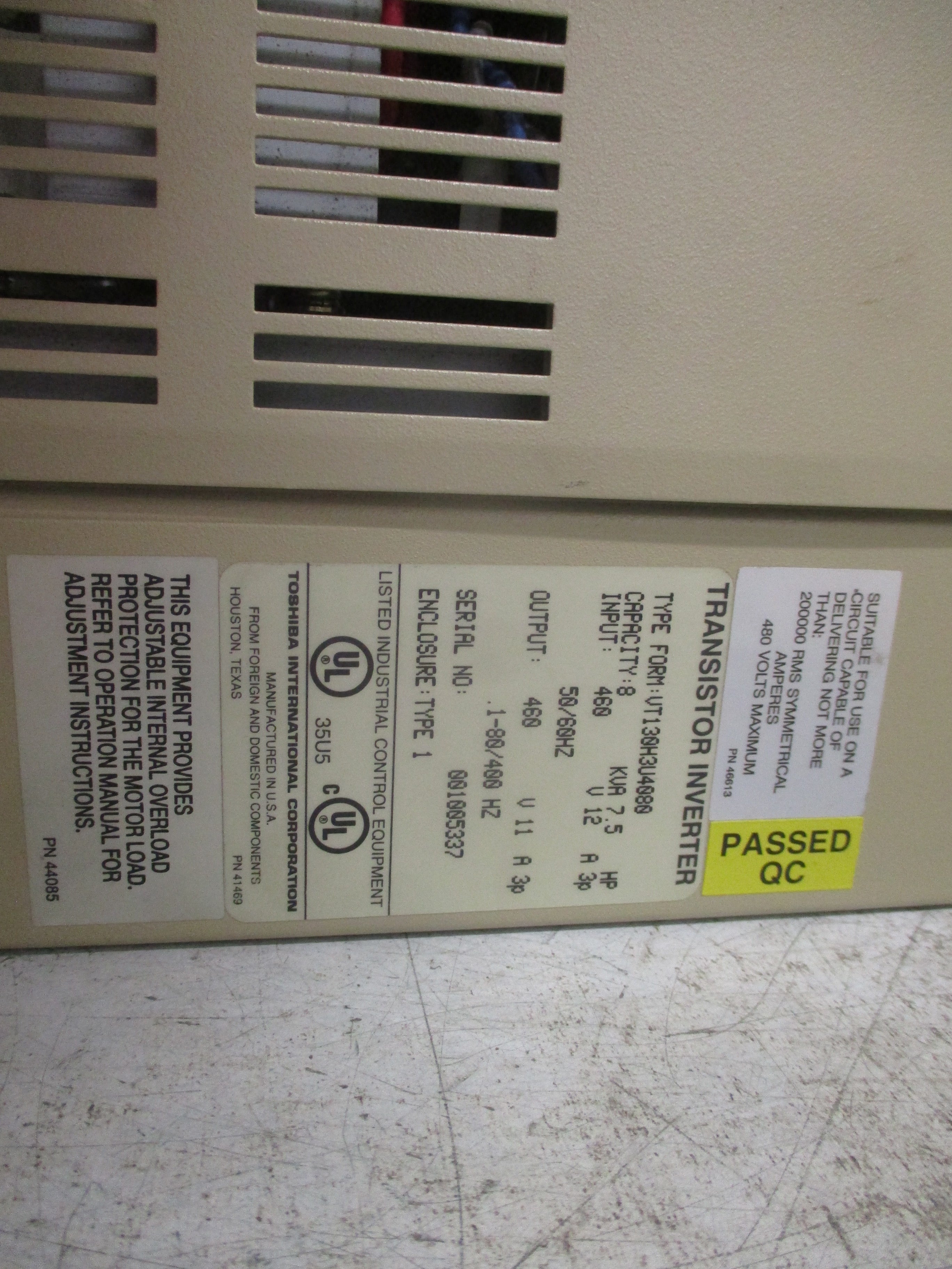 Toshiba H3 AC Drive VT130H3U4080 7.5HP 3Ph Input: 460V 12A 3p 50/60Hz