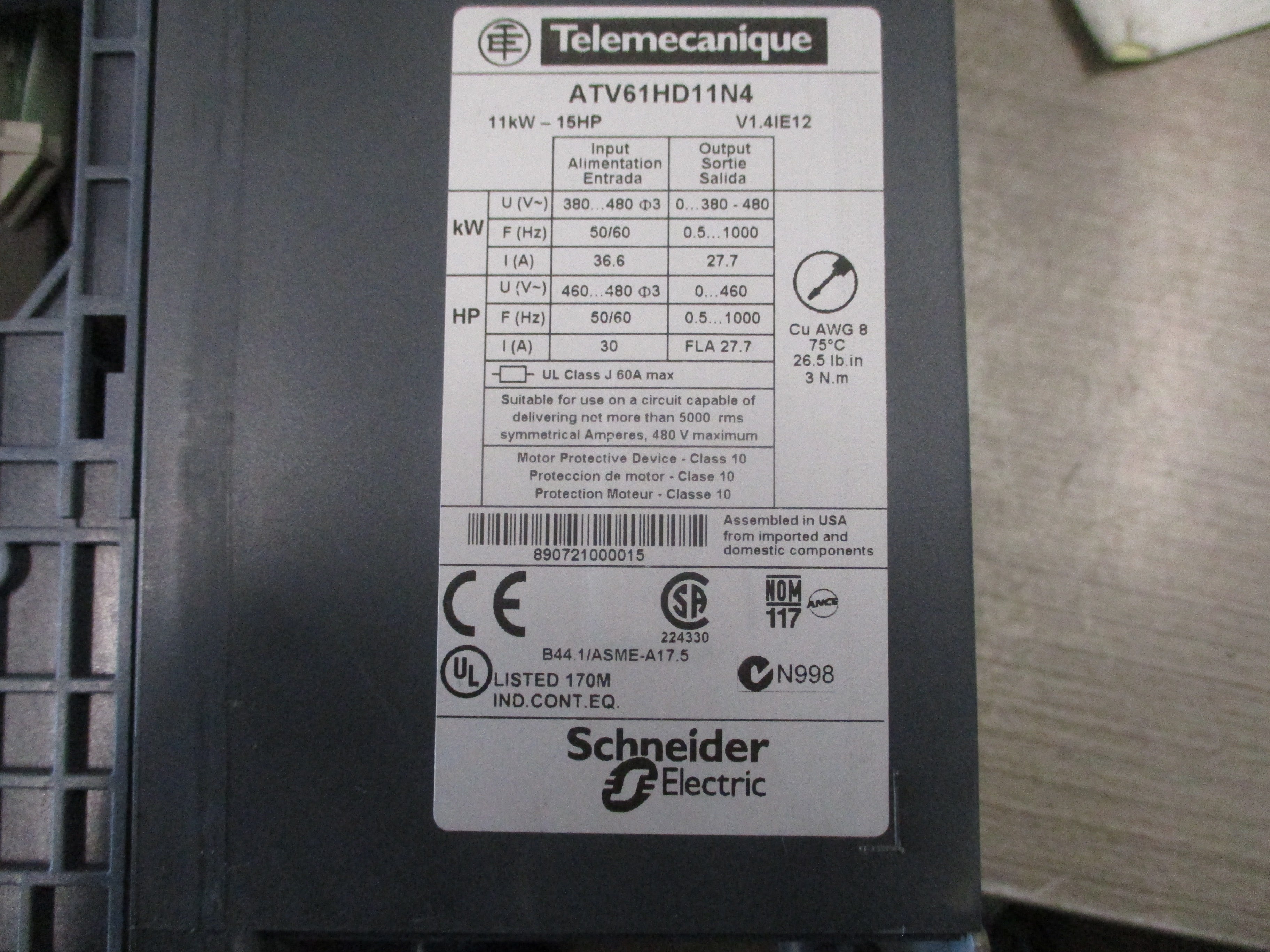 Telemecanique Altivar 61 AC Drive ATV61HD11N4 15HP 3Ph Input: 460-480V 50/60Hz