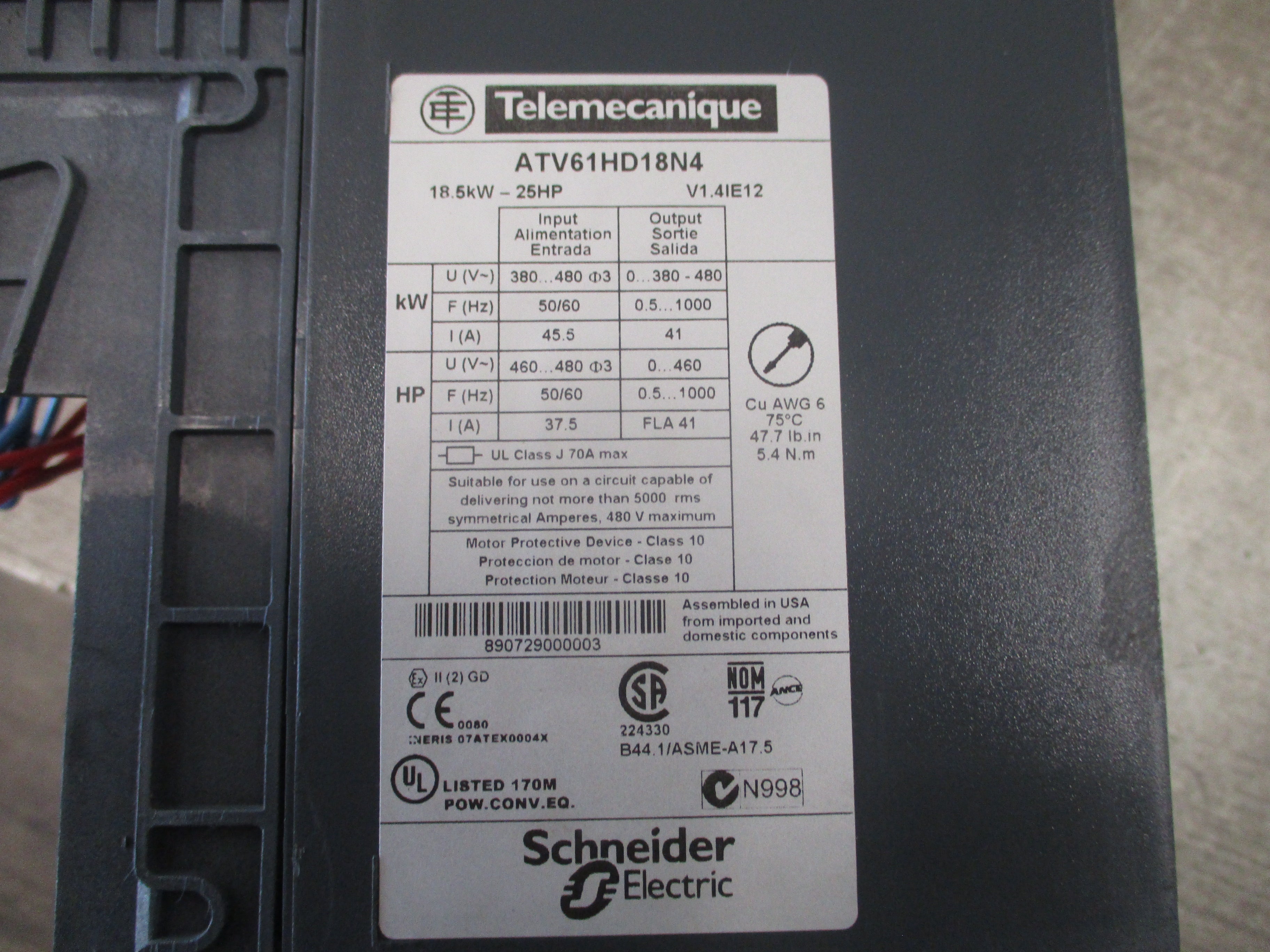 Telemecanique Altivar 61 AC Drive ATV61HD18N4 25HP 3Ph Input: 460-480V 50/60Hz