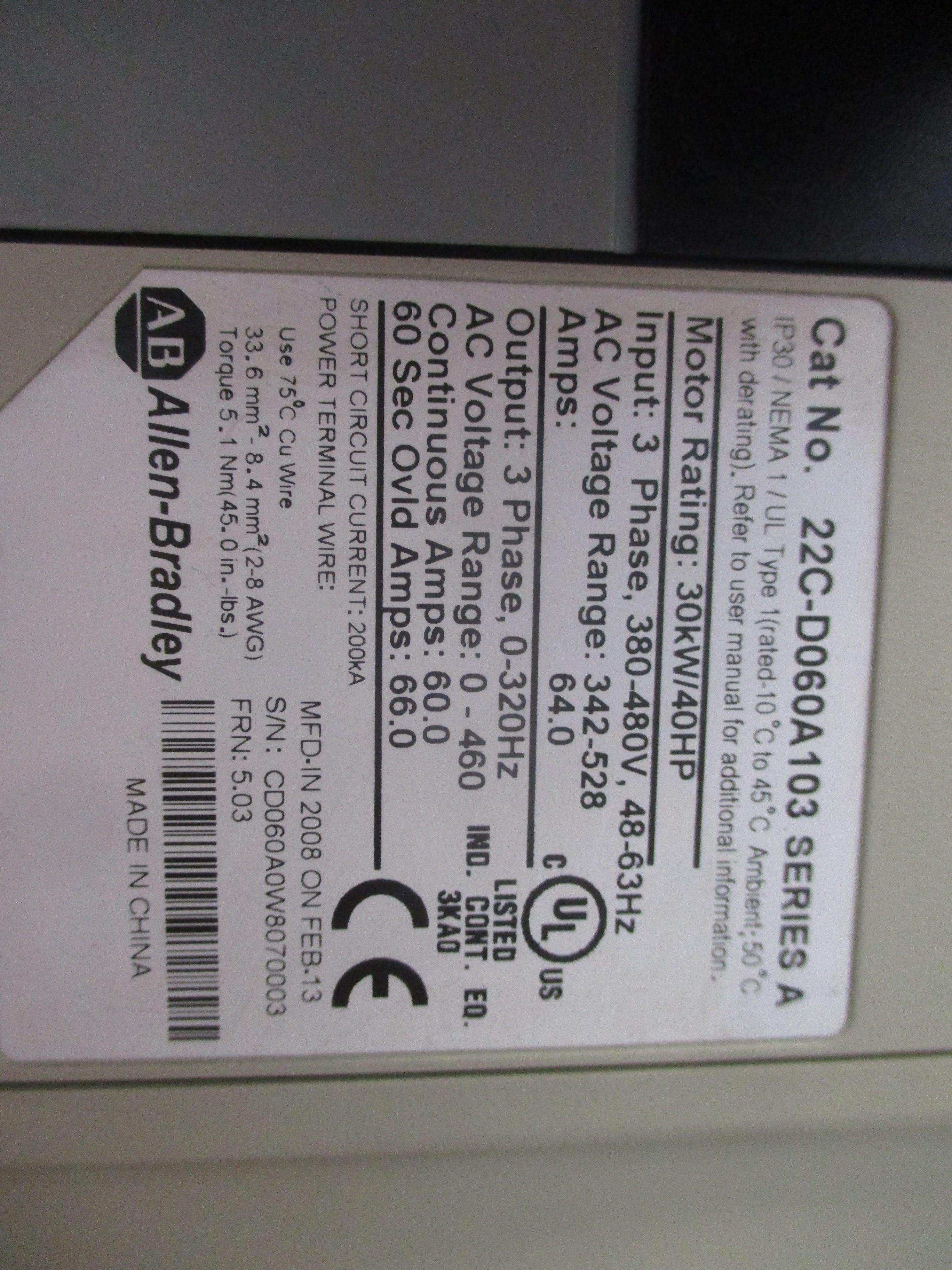 Allen-Bradley PowerFlex 400 AC Drive 22C-D060A103 Ser. A 40HP 3Ph Used