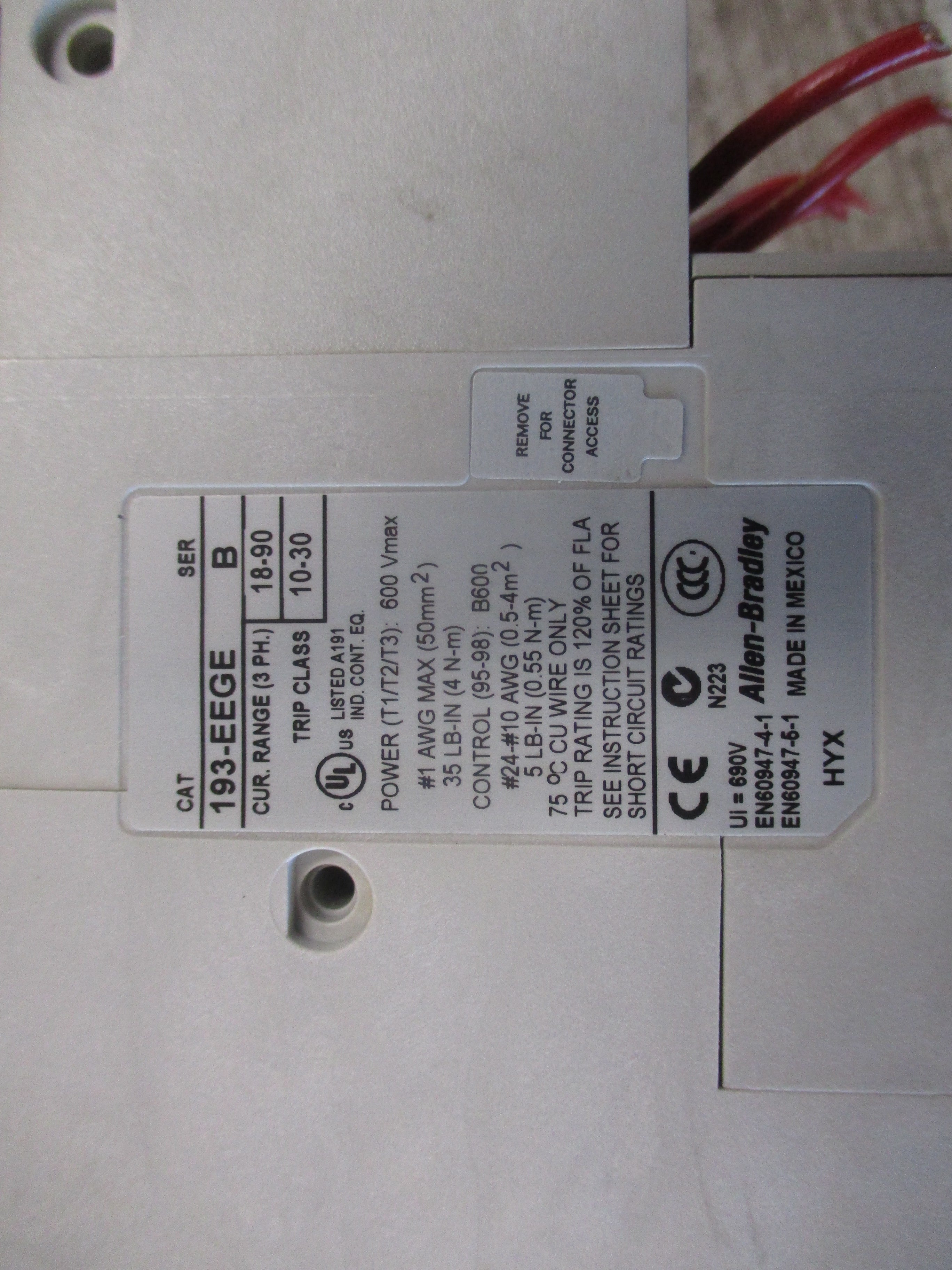 Allen-Bradley Starter 100-C72*00/193-EEGE 120V Coil Trip: 18-90A (1) Aux Contact