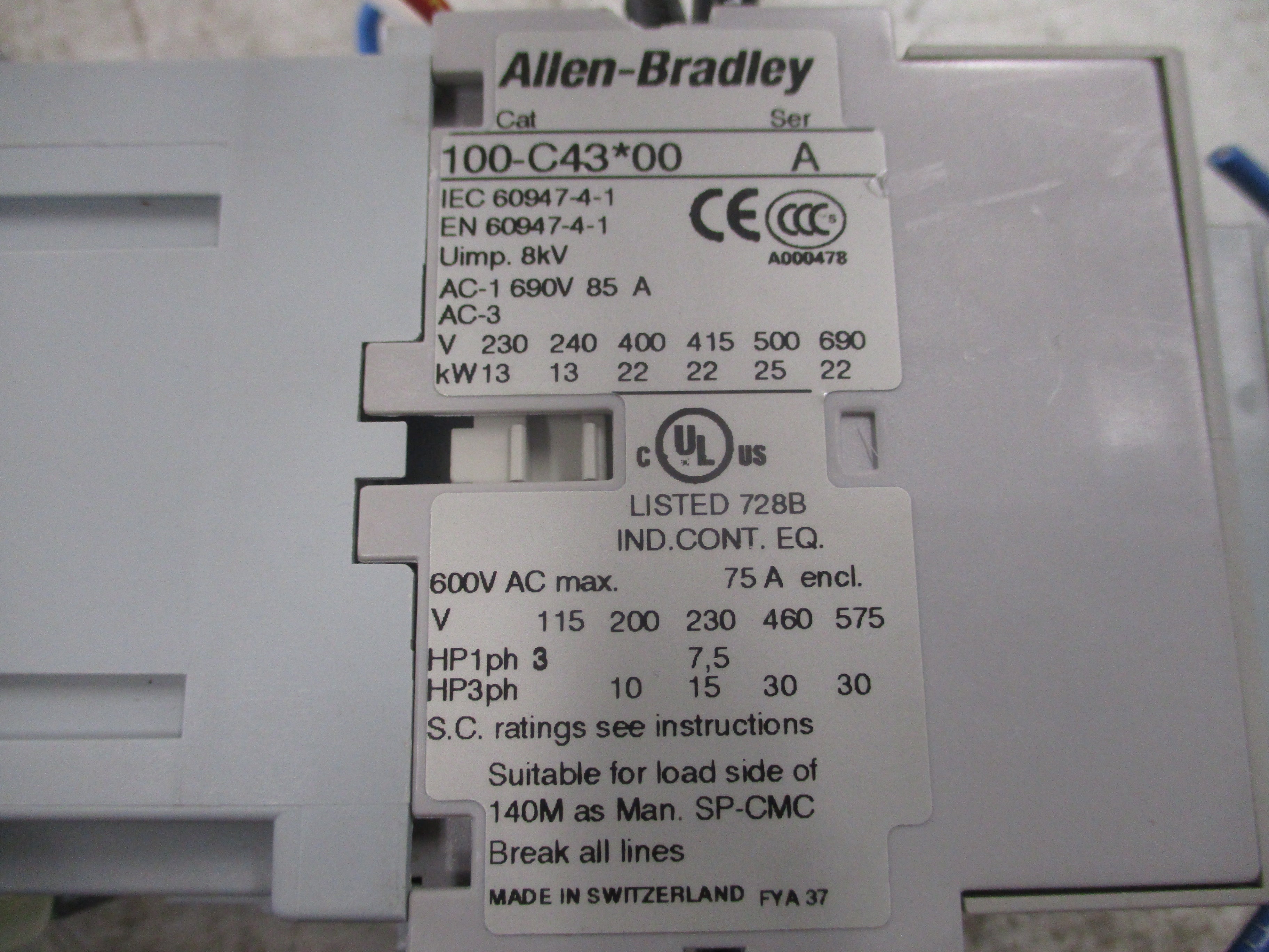Allen-Bradley Contactor 100-C43*00 Ser. A 120V Coil 75A 600V