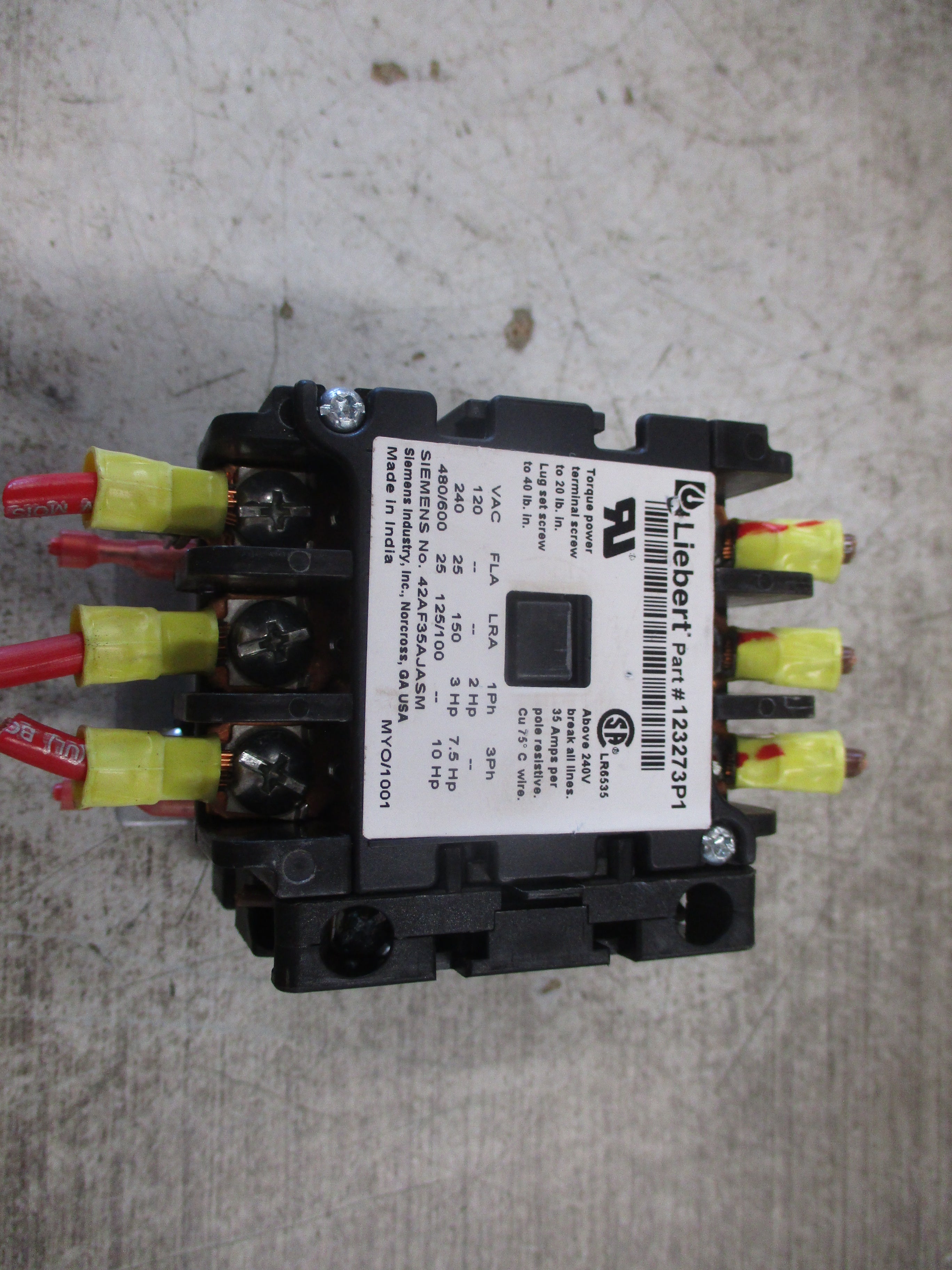 Liebert Contactor 123273P1 24V Coil 25A 600V W/Aux Contact Used