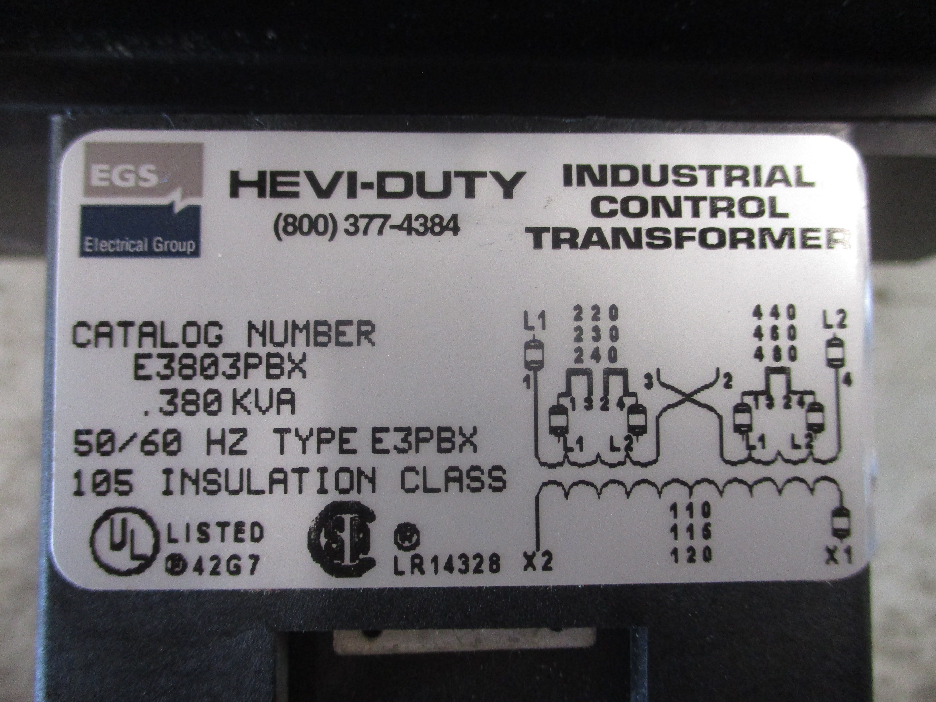 Hevi-Duty Control Transformer E3803PBX 0.380KVA Pri: 240/480V Sec: 120V 50/60Hz