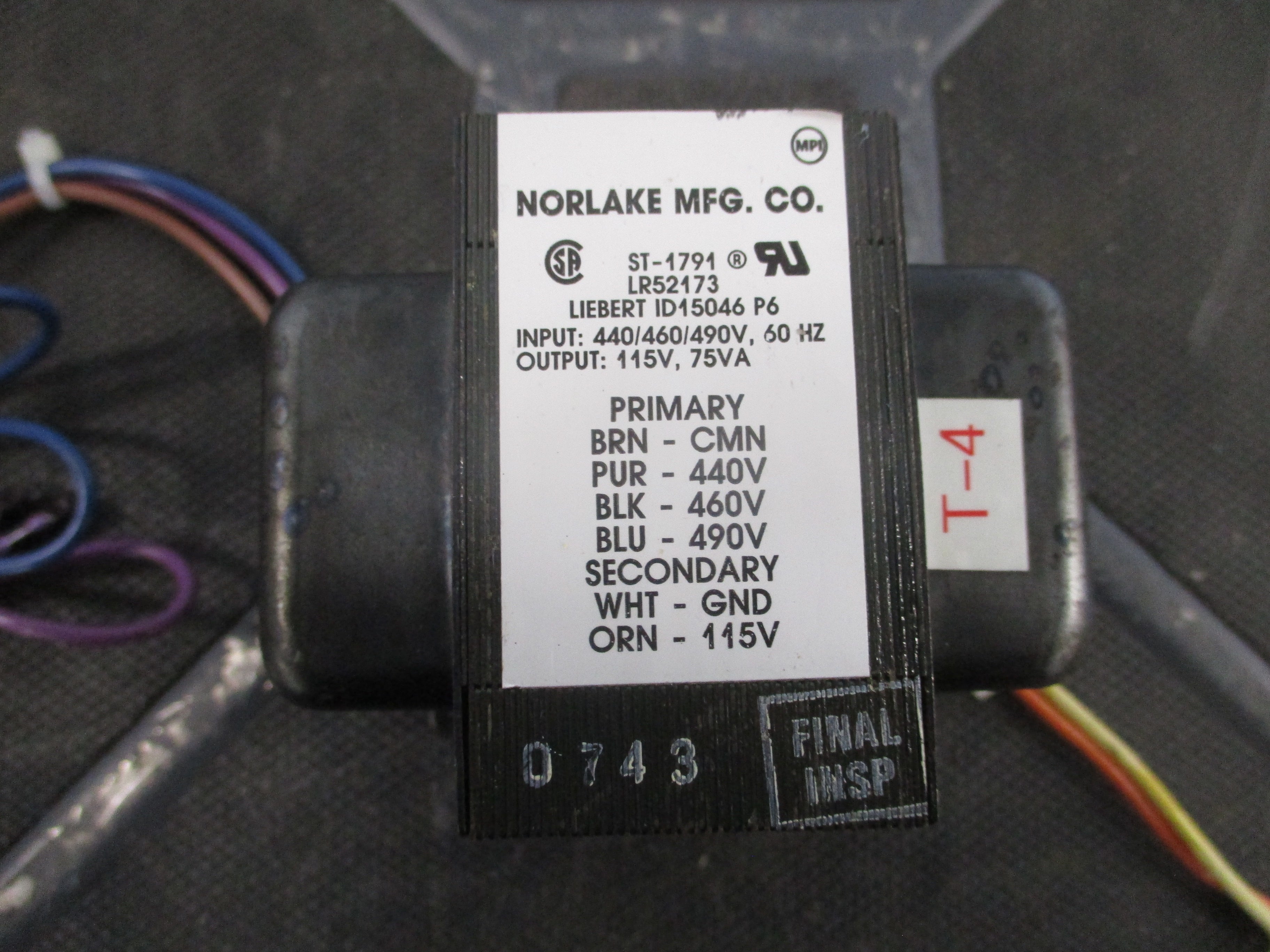 Norlake Transformer LR52173 75VA Pri: 440/460/490V Sec: 115V 60Hz Used