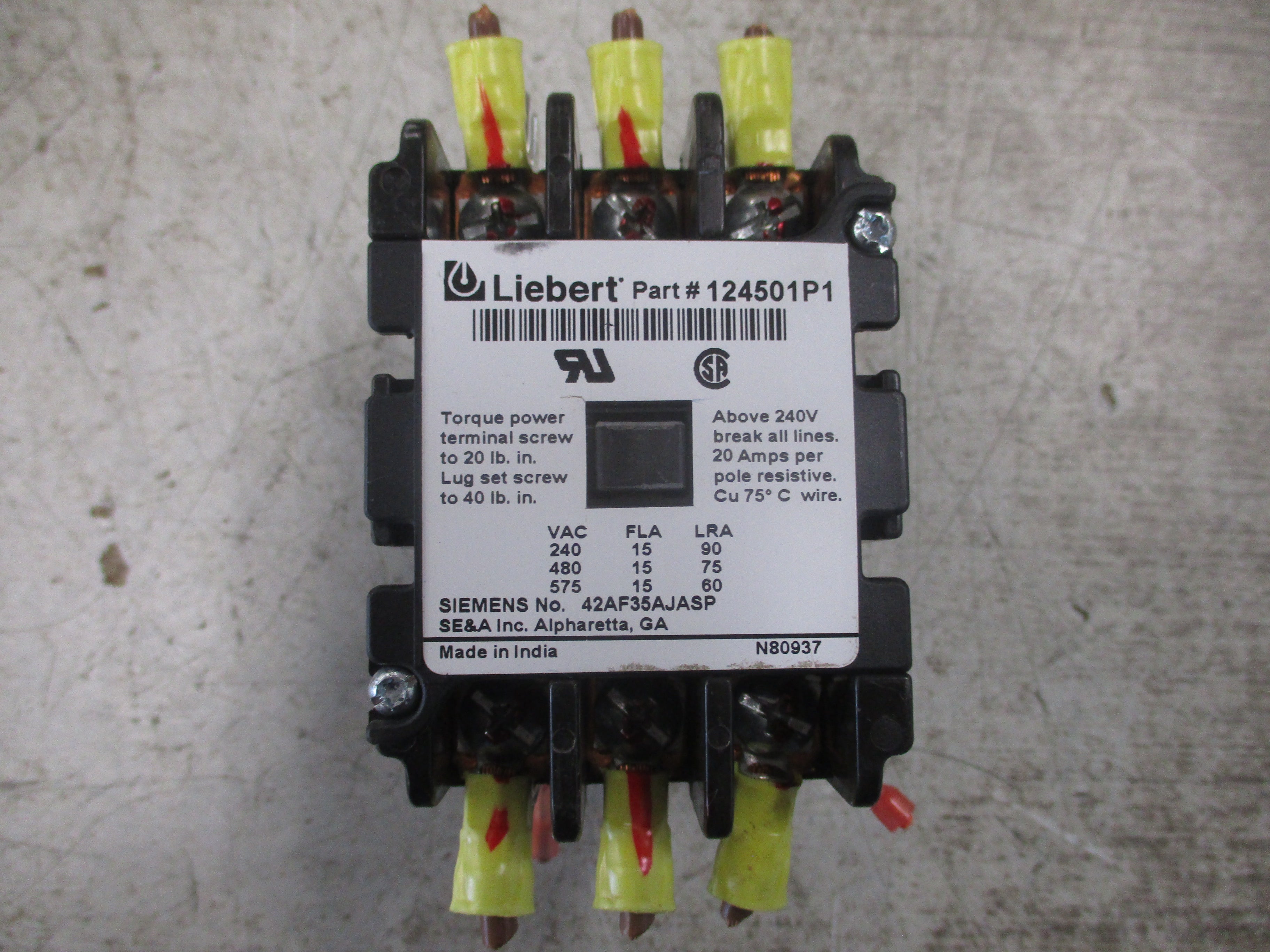 Liebert Contactor 124501P1 24V Coil 15A 240-575V Used