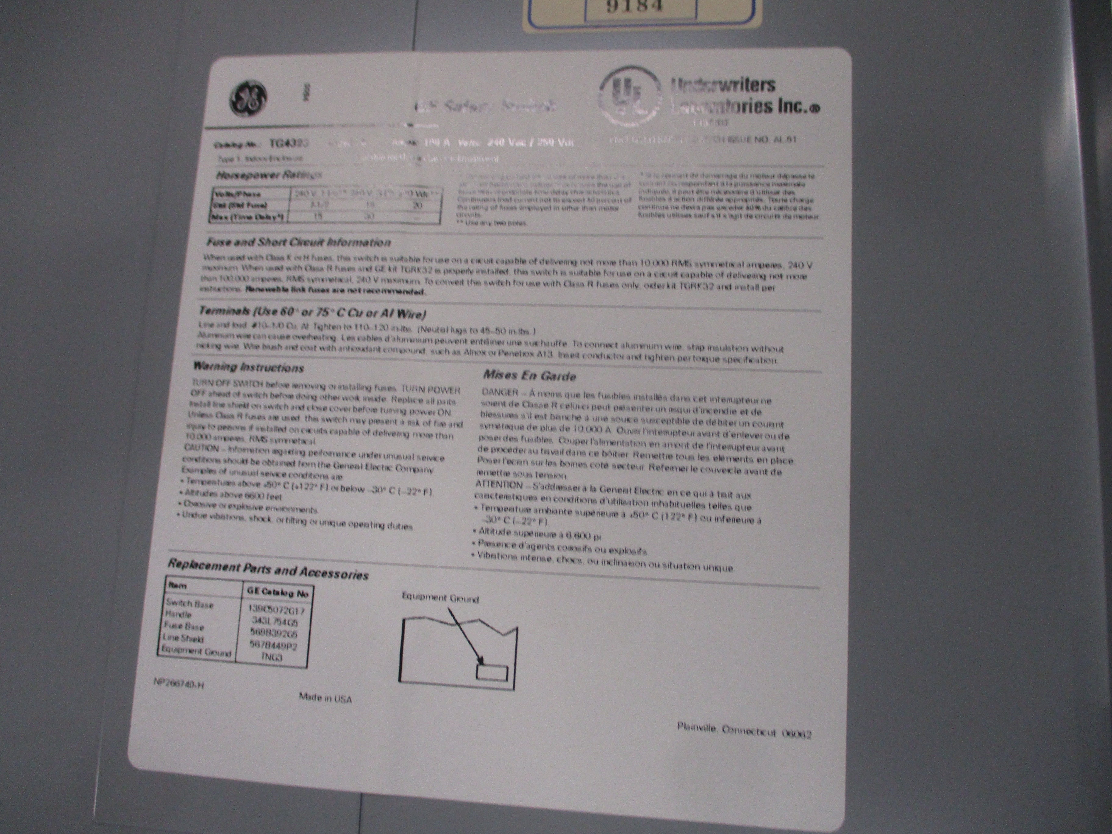 GE Fusible Safety Switch/Disconnect TG4323 100A 240V 3P Used