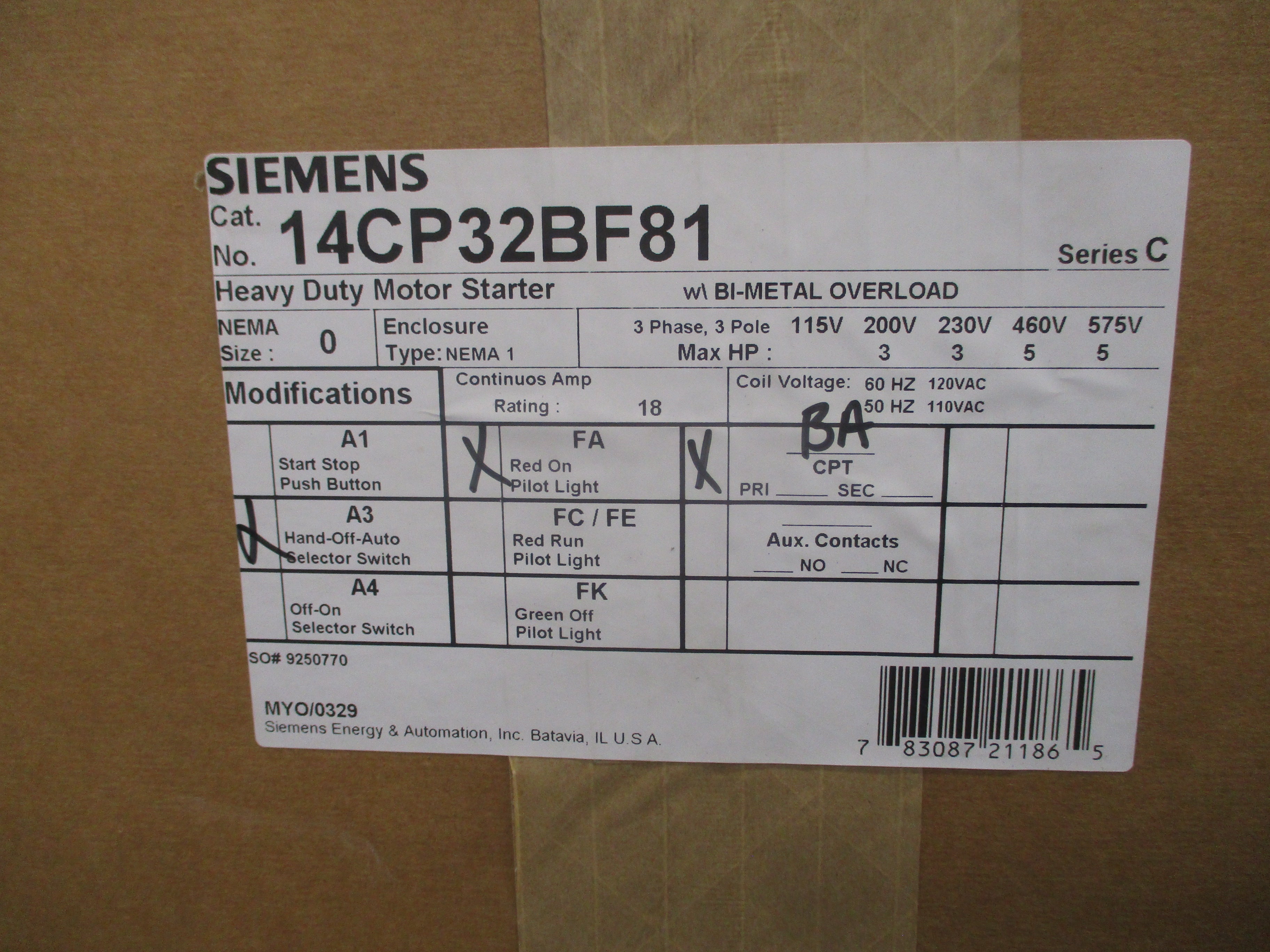 Siemens Enclosed Size 0 Starter 14CP32BF81 Ser. C 120V Coil 18A Type 1 Enclosure