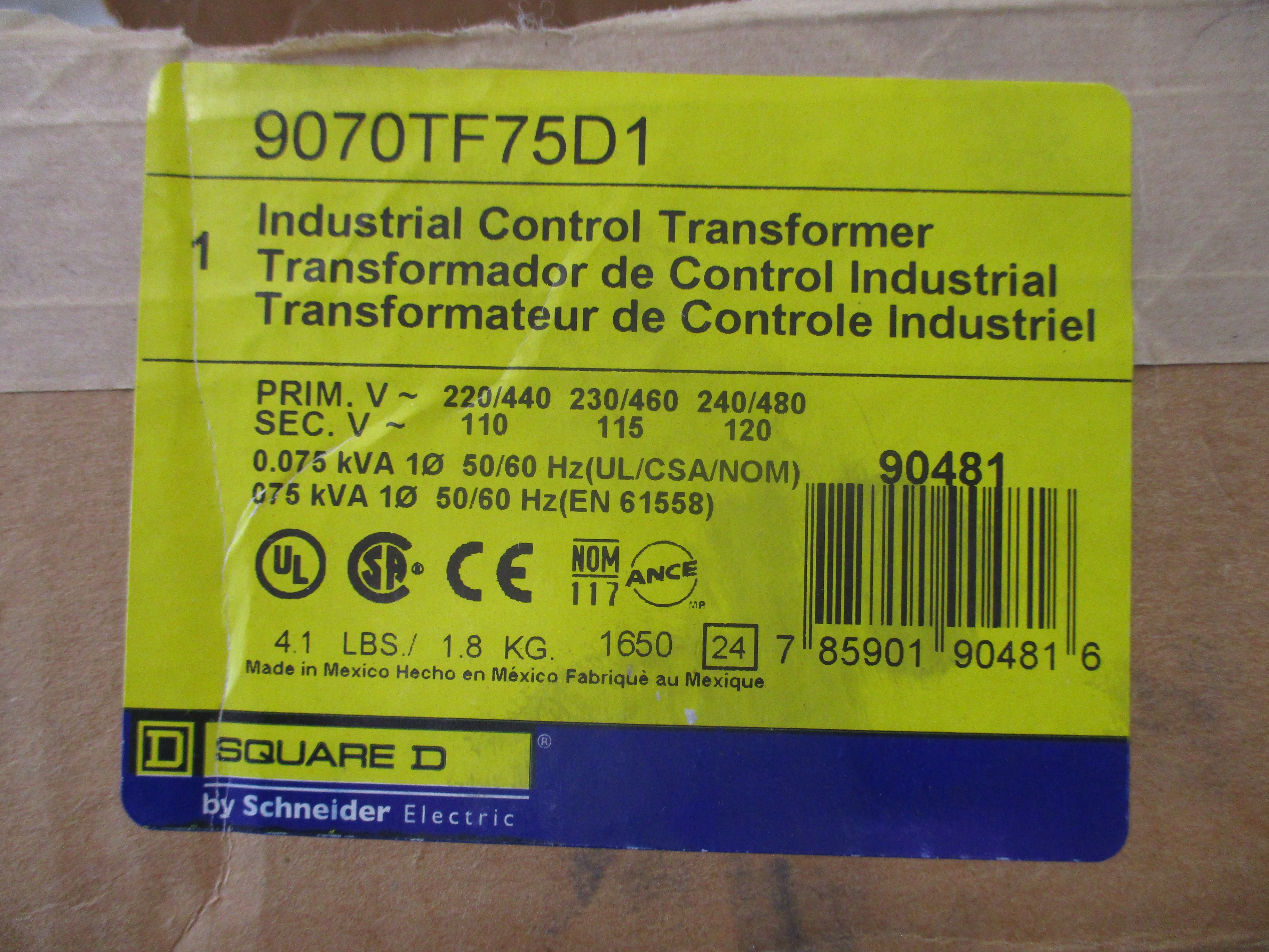 Square D Control Transformer 9070TF75D1 0.075KVA Pri: 240/480V Sec: 120V 50/60Hz