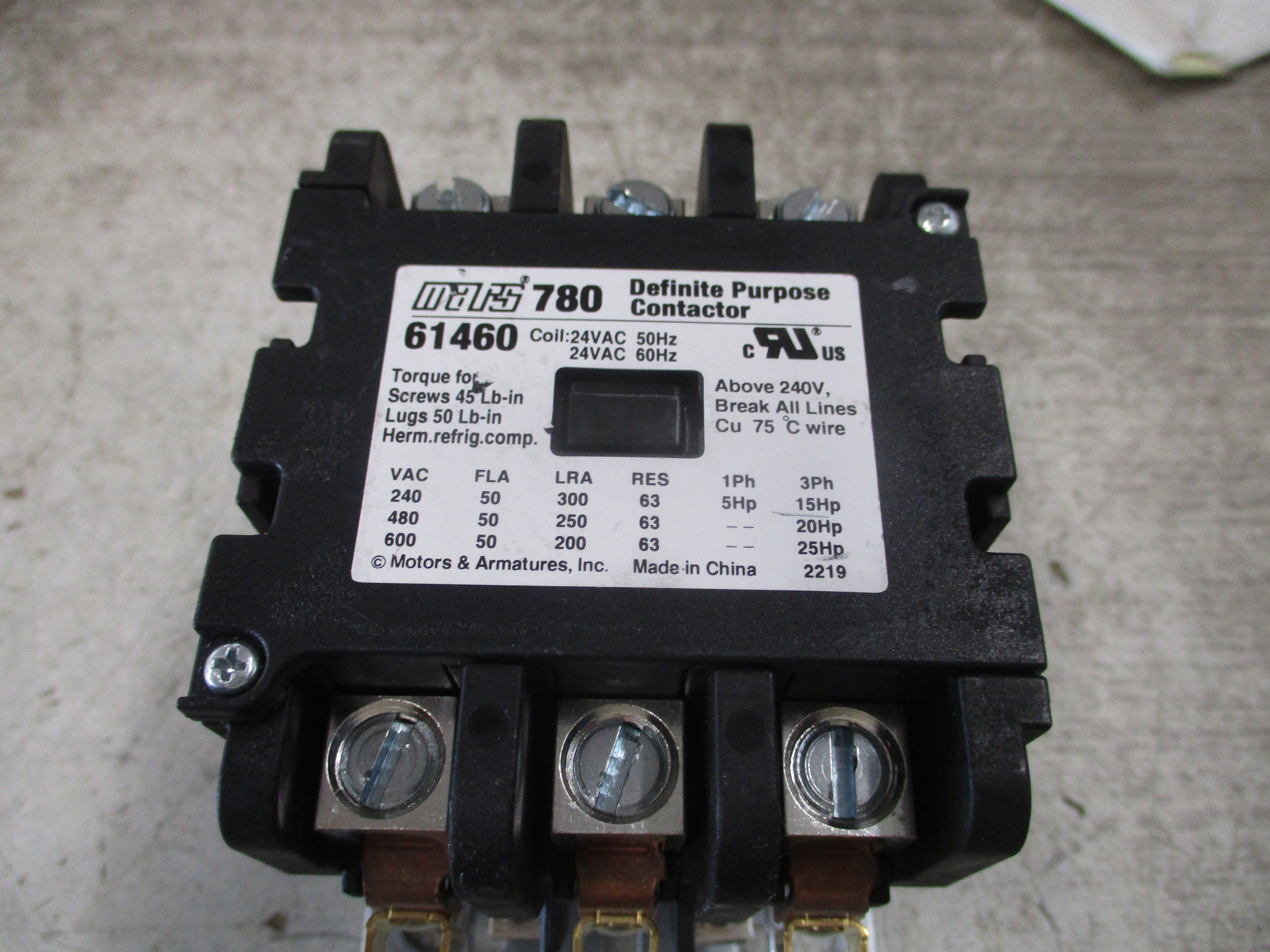 Mars 780 Definite Purpose Contactor 61460 24V Coil 50A 600V Used