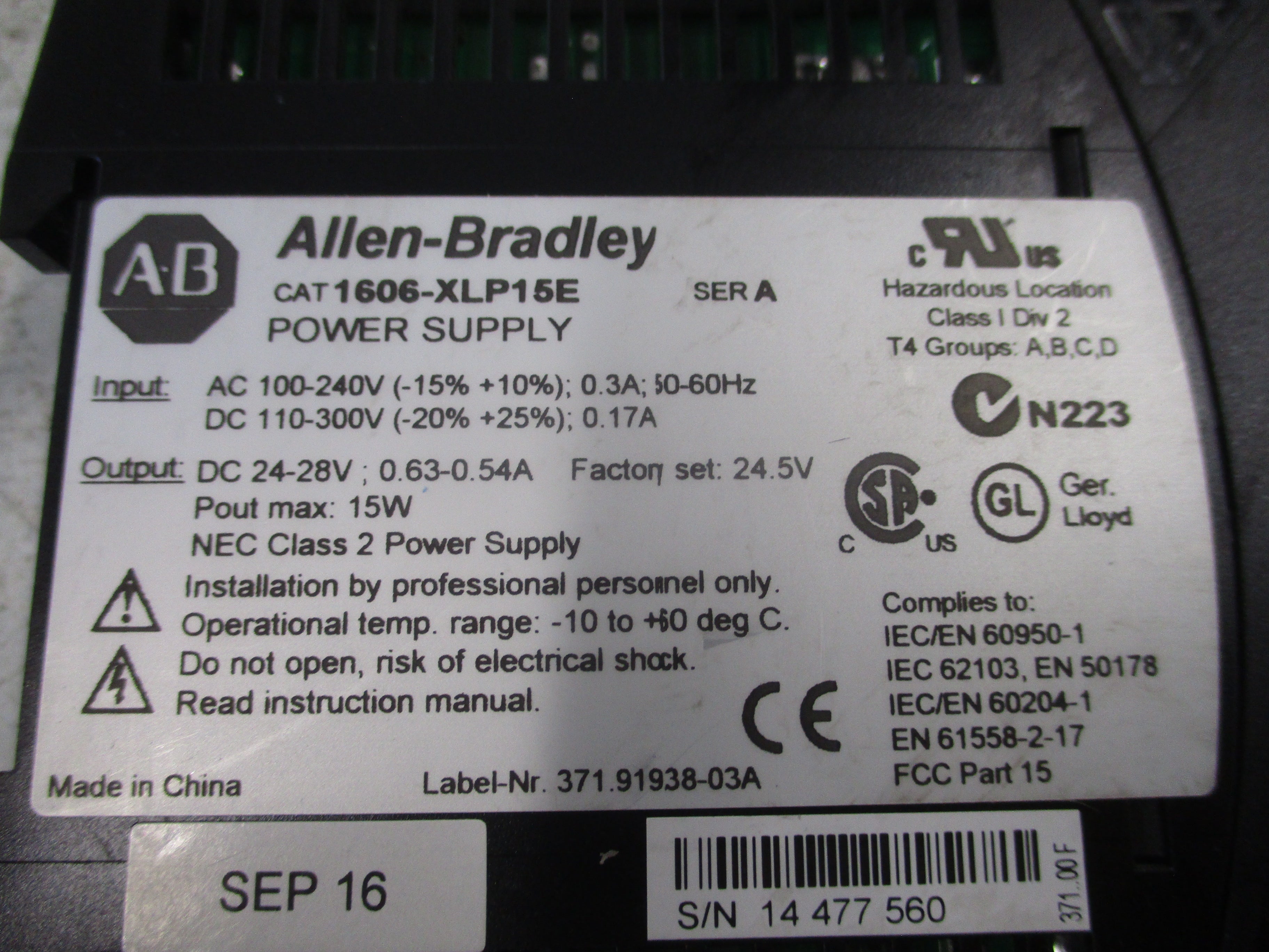 Allen-Bradley Power Supply 1606-XLP15E Ser. A 15W Input: 100-240V 0.3A 56-60Hz
