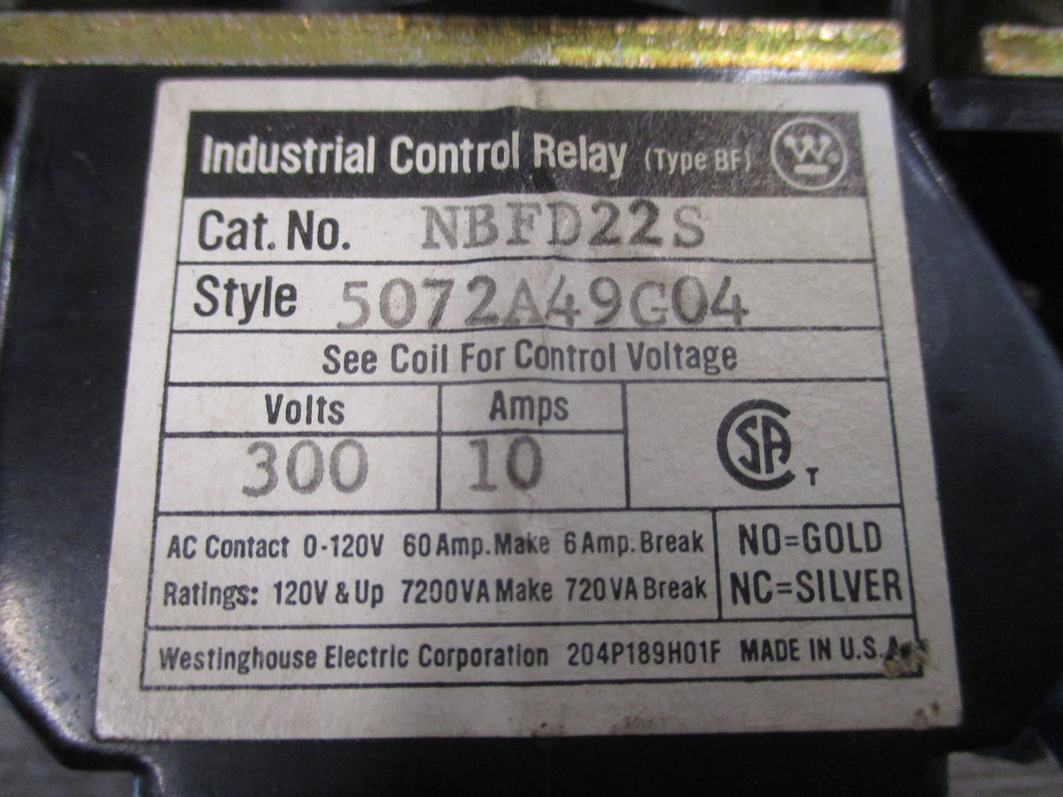 Westinghouse Control Relay NBFD22S Style #: 5072A49G04 125/130VDC Coil 10A 300V
