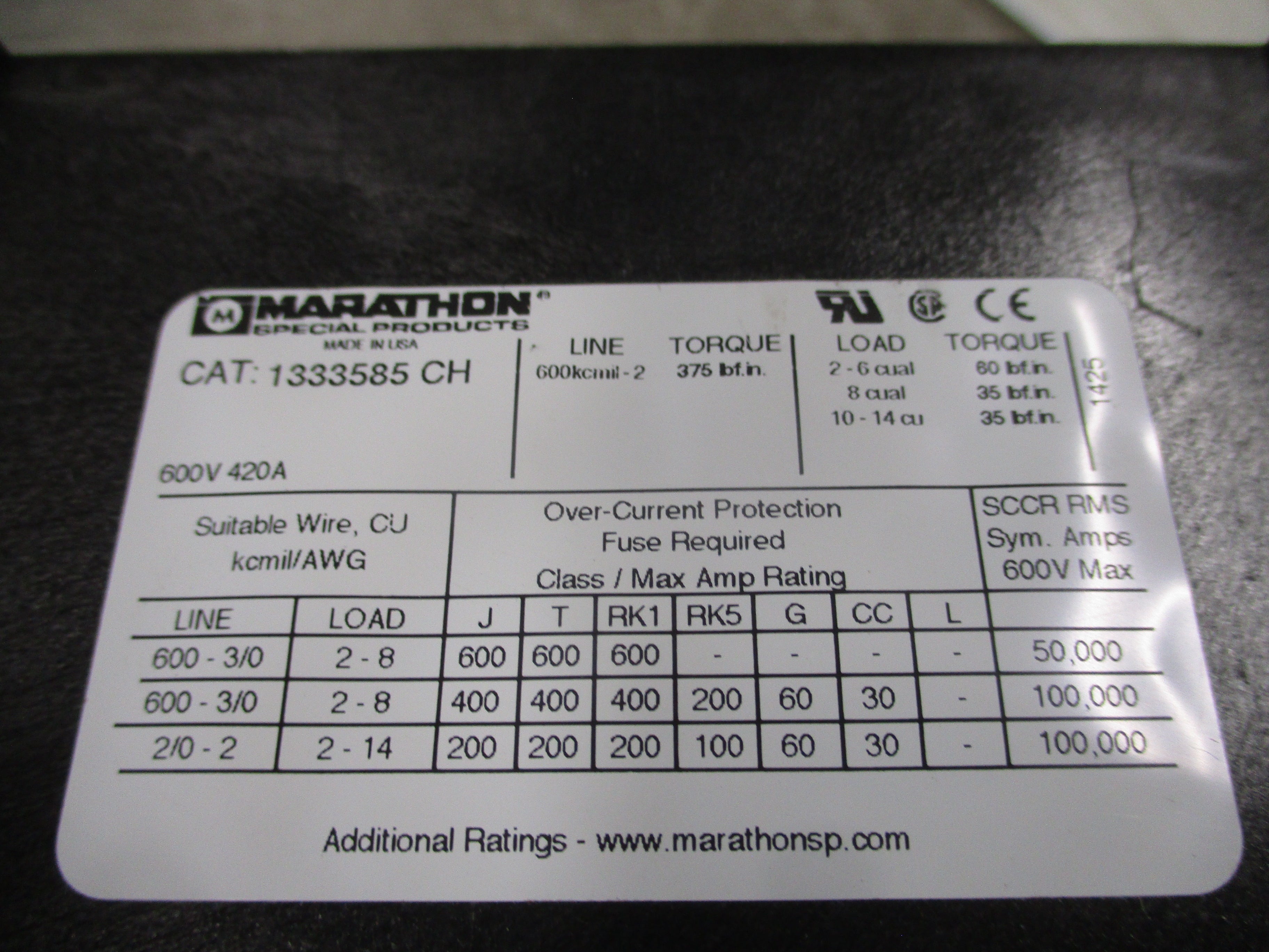 Marathon Power Distribution Block 1333585 CH 420A 600V 3P Line: 600-3/0