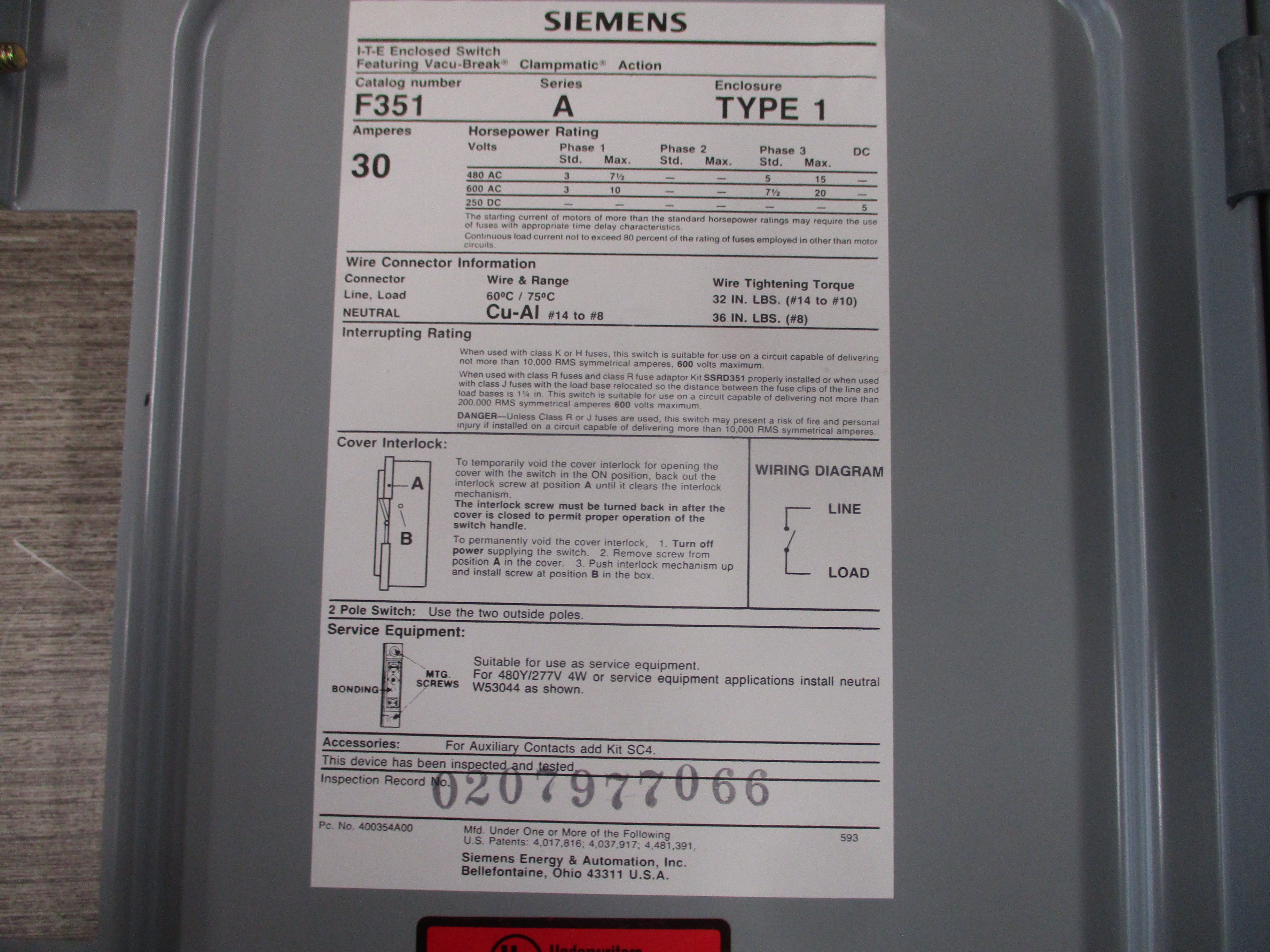 Siemens Fusible Safety Switch/Disconnect F351 30A 600V 3P Used