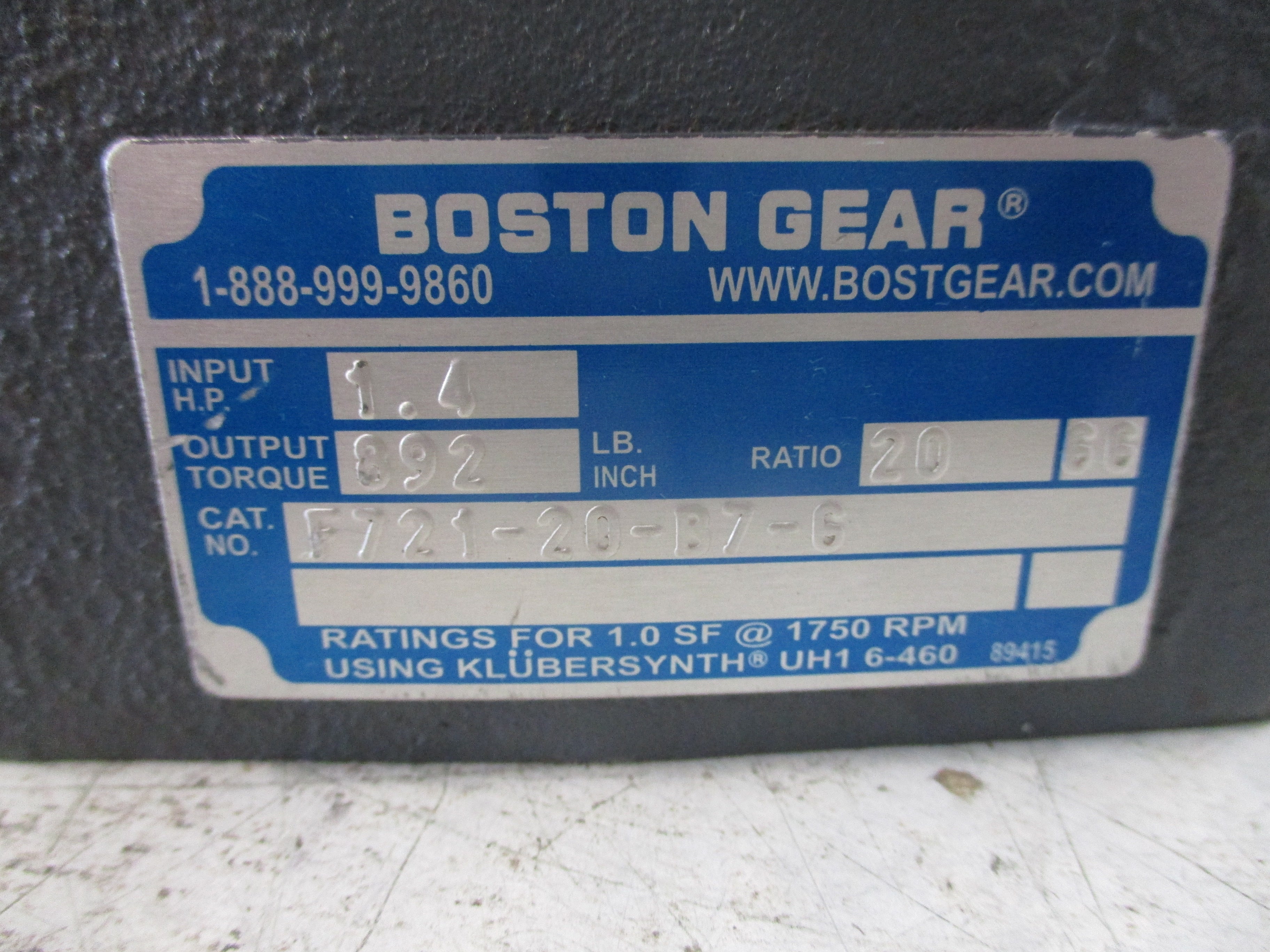 Boston Gear Reducer F721-20-B7-G Ratio 20:1 1,4HP In 892 LB-Inch Torque Out Used