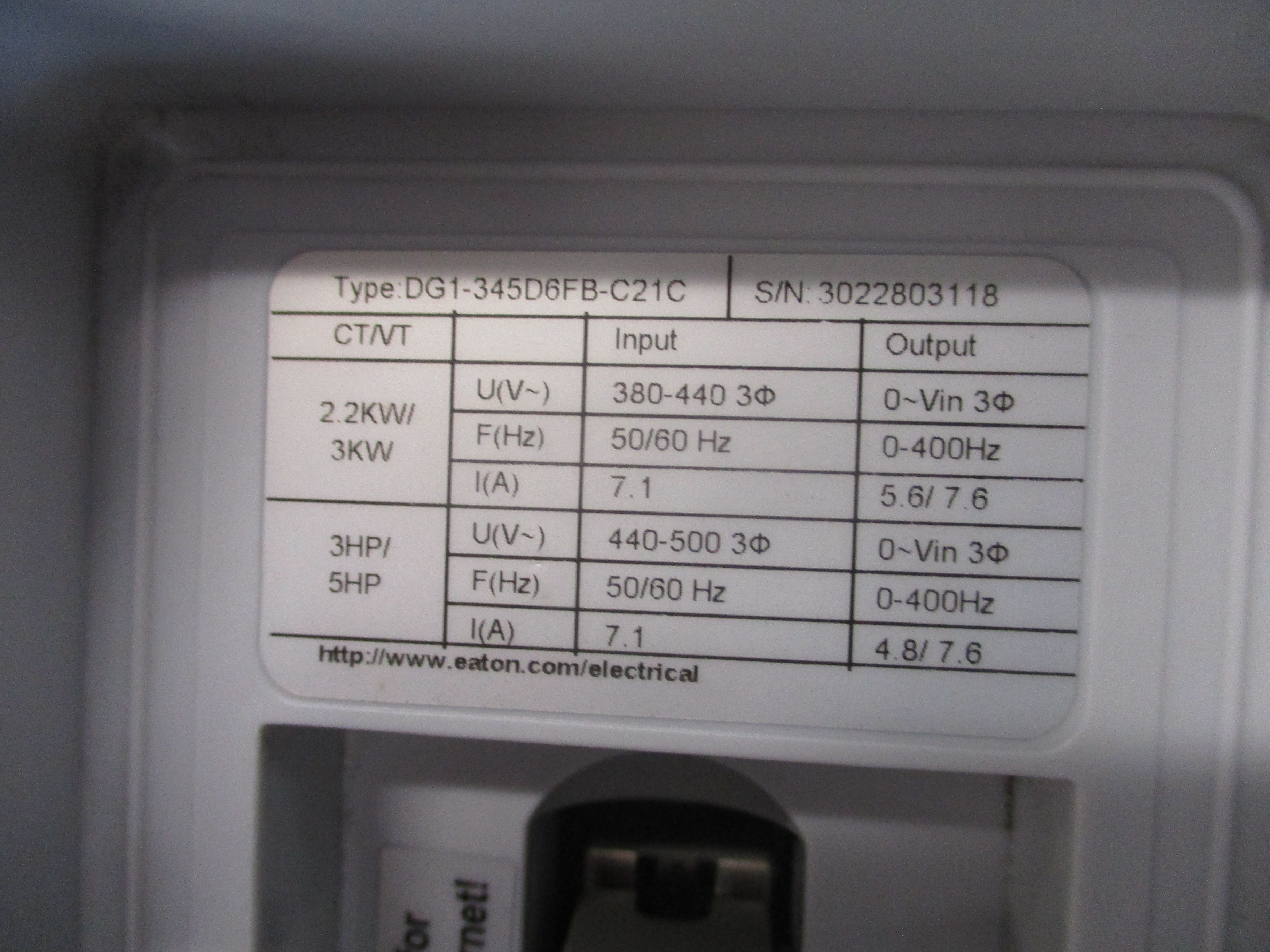 Eaton PowerXL DG1 AC Drive DG1-342D2FB-C21C Style #: 9702-1003-00P 1.5HP 3Ph