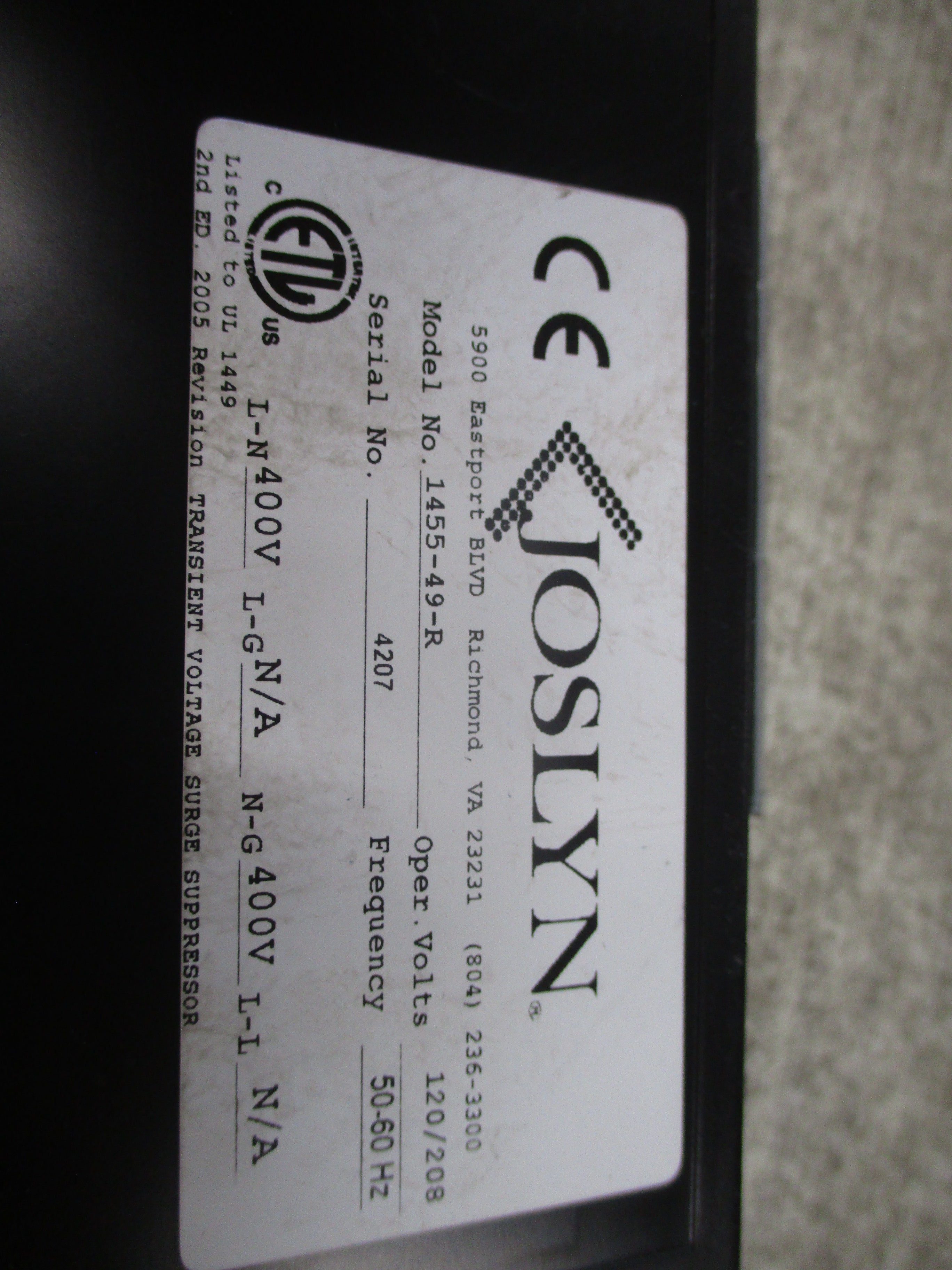 Joslyn Surgitron III Surge Protector 1455-49-R 120/208V 50-60Hz Used