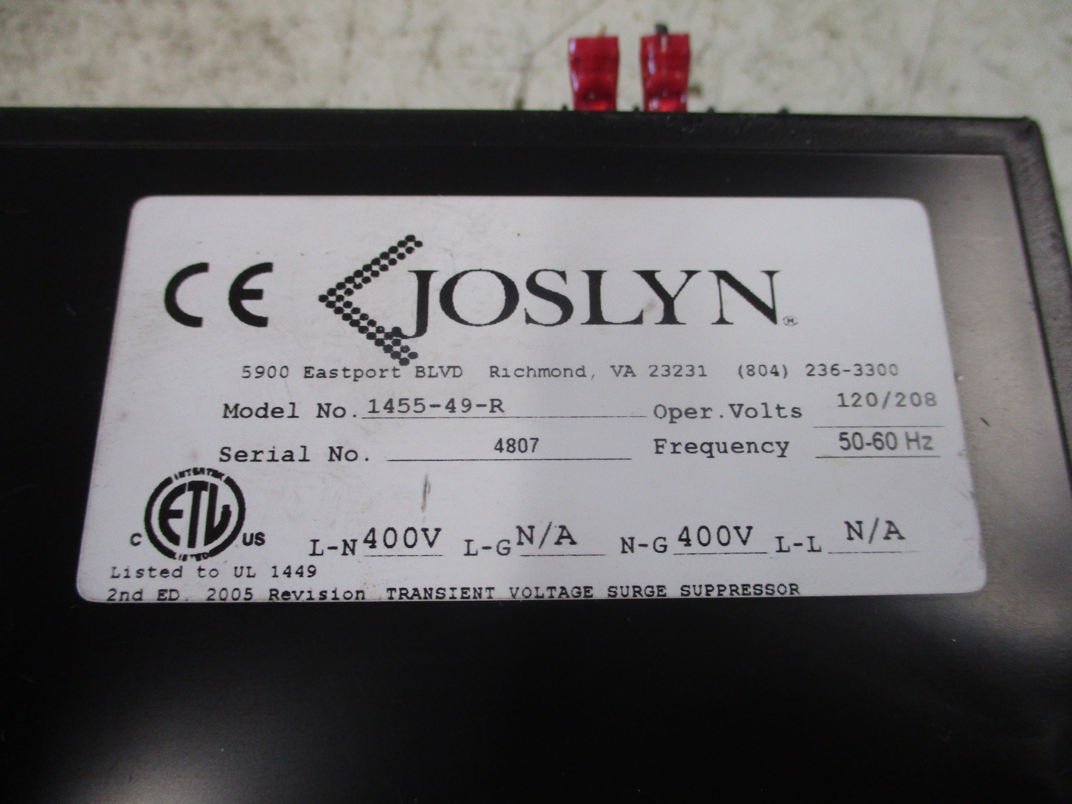 Joslyn Surgitron III Surge Protector 1455-49-R 120/208V 50-60Hz