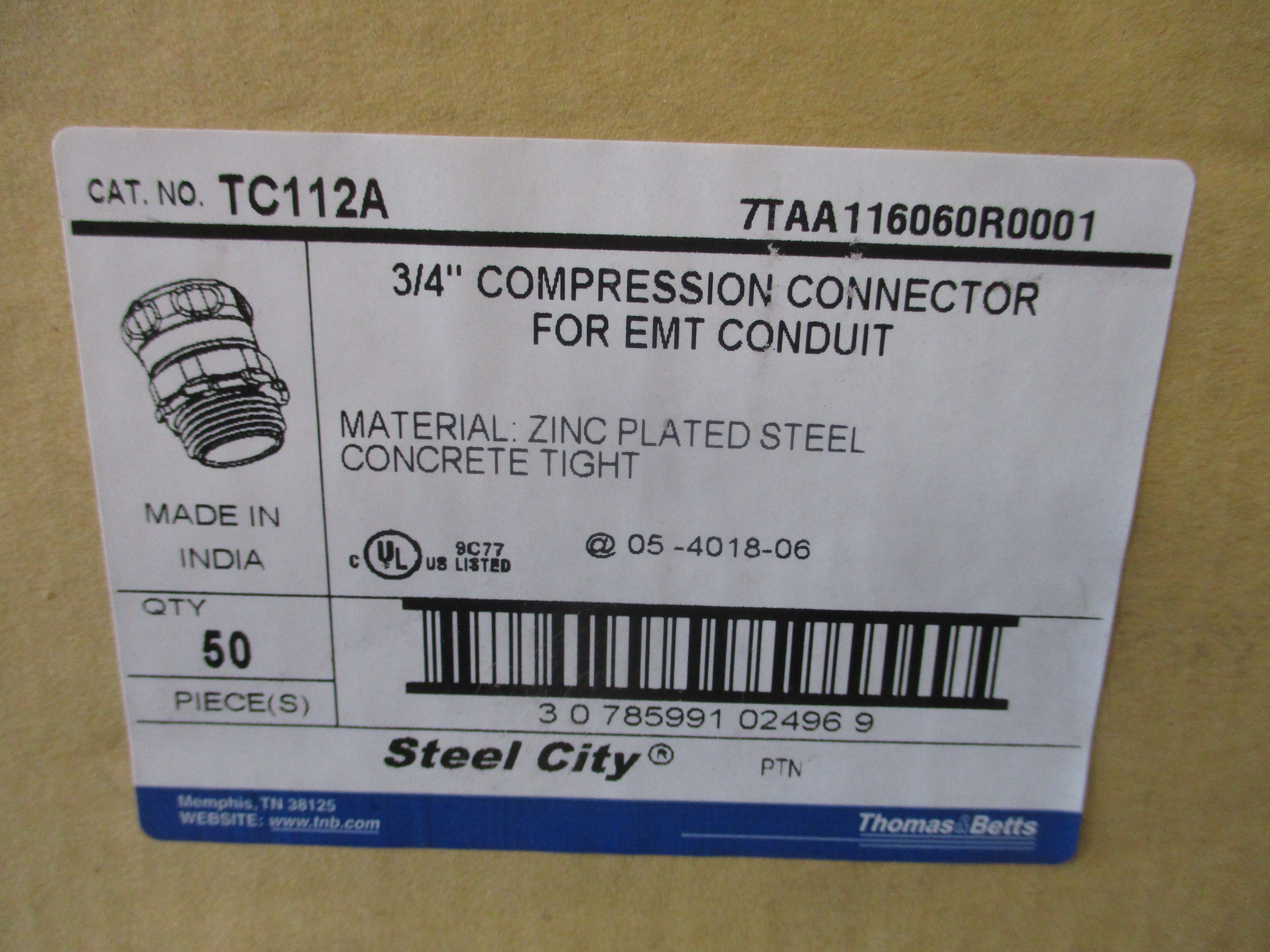 Thomas & Betts Compression Connector TC112A 3/4" For EMT Conduit *Box of 50*