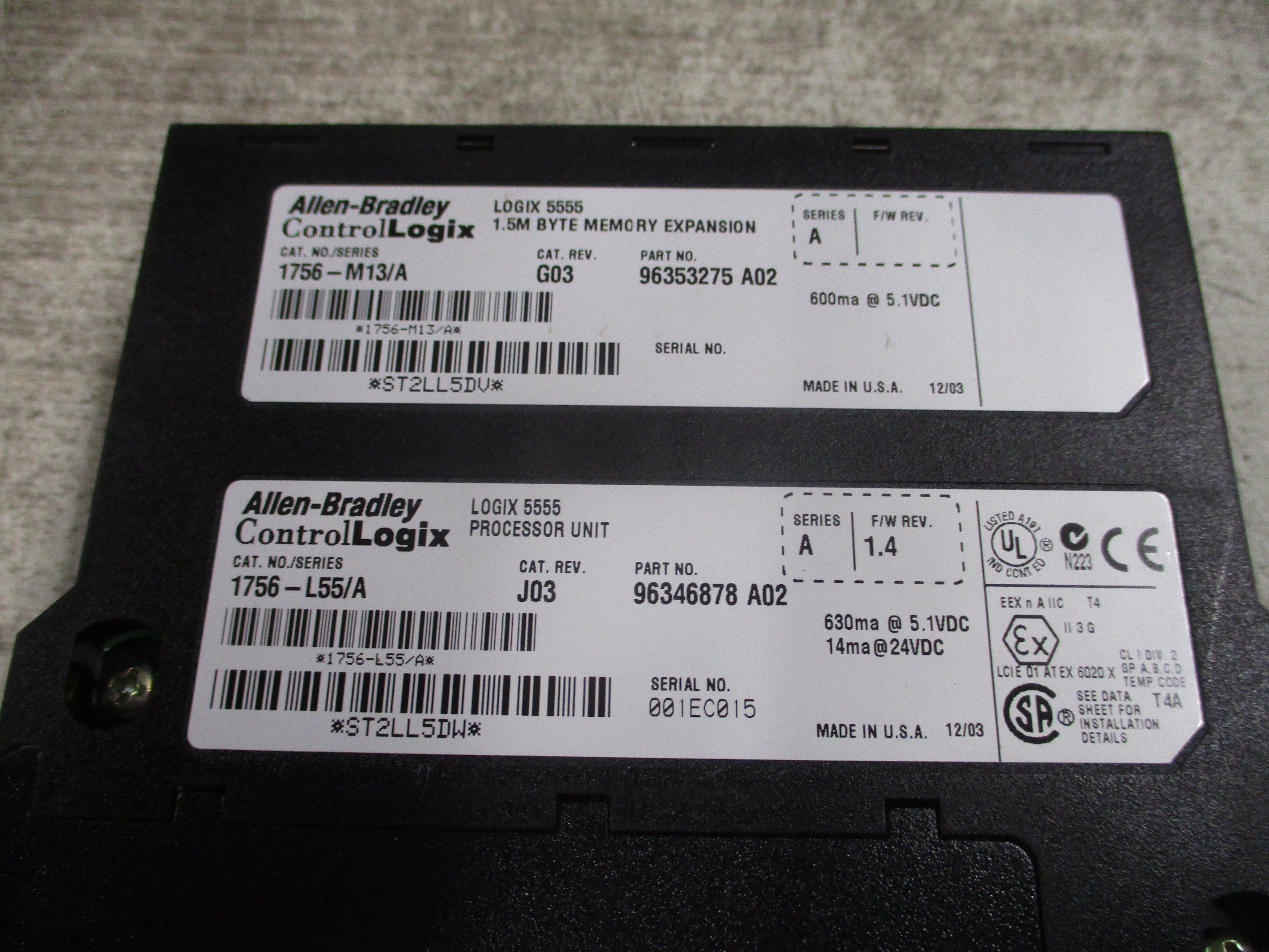 Allen-Bradley ControlLogix Logix 5555 Processor Unit 1756-L55 Ser. A Rev. J03