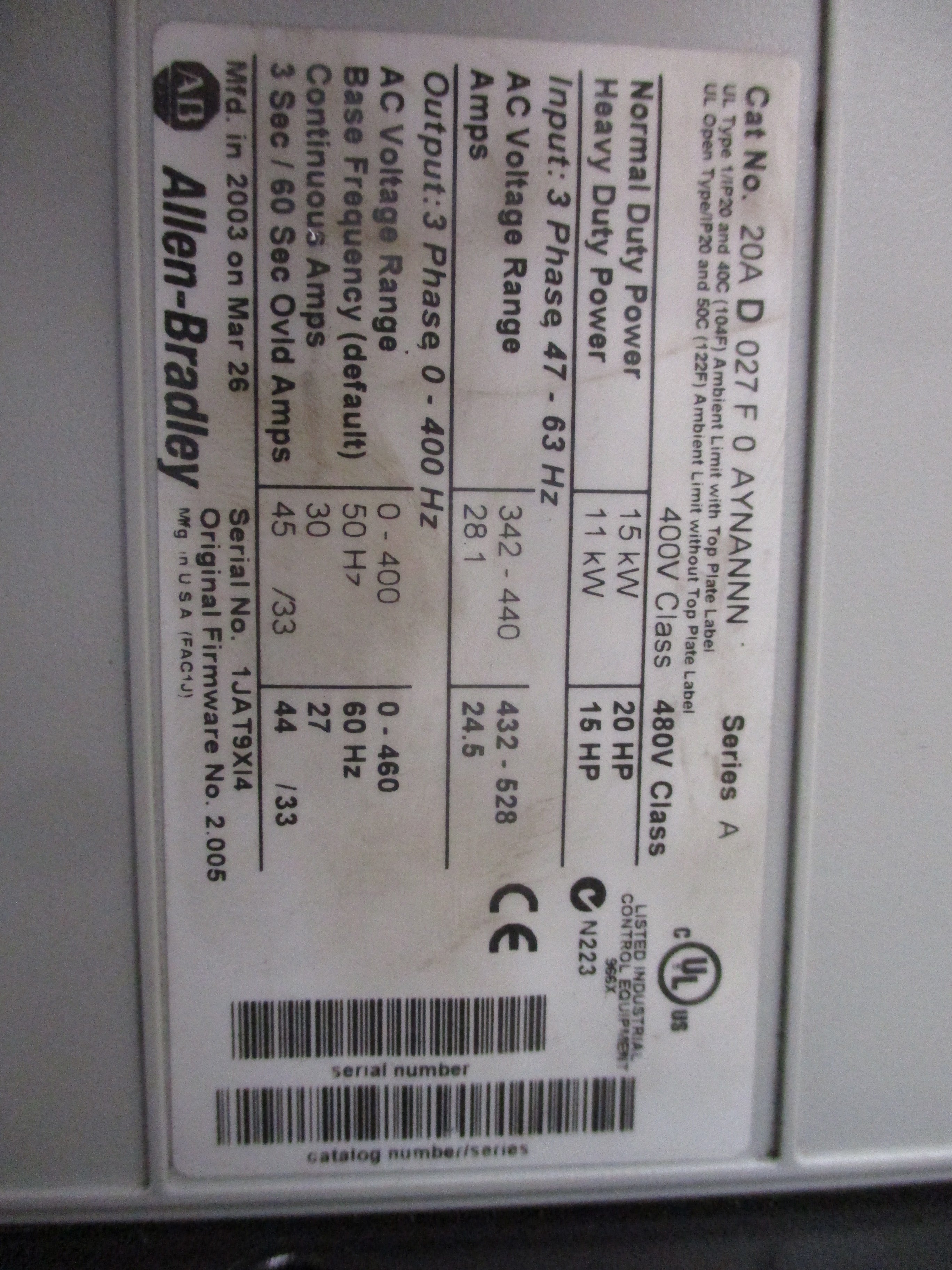 Allen-Bradley PowerFlex 70 AC Drive 20AD027F0AYNANNN 20HP 3Ph