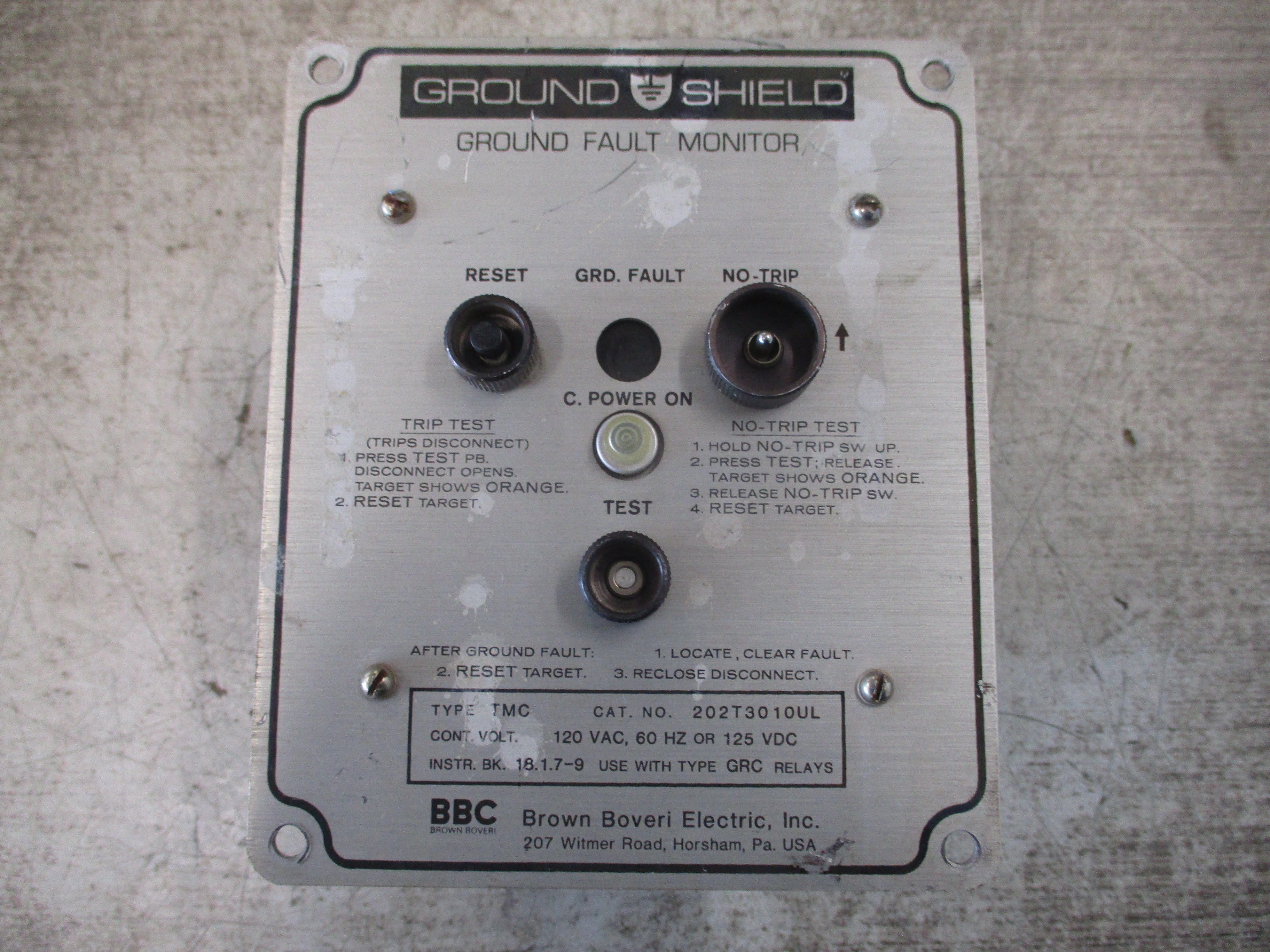 BBC Ground Shield Ground Fault Monitor 202T3010UL 120VAC 60Hz 125VDC