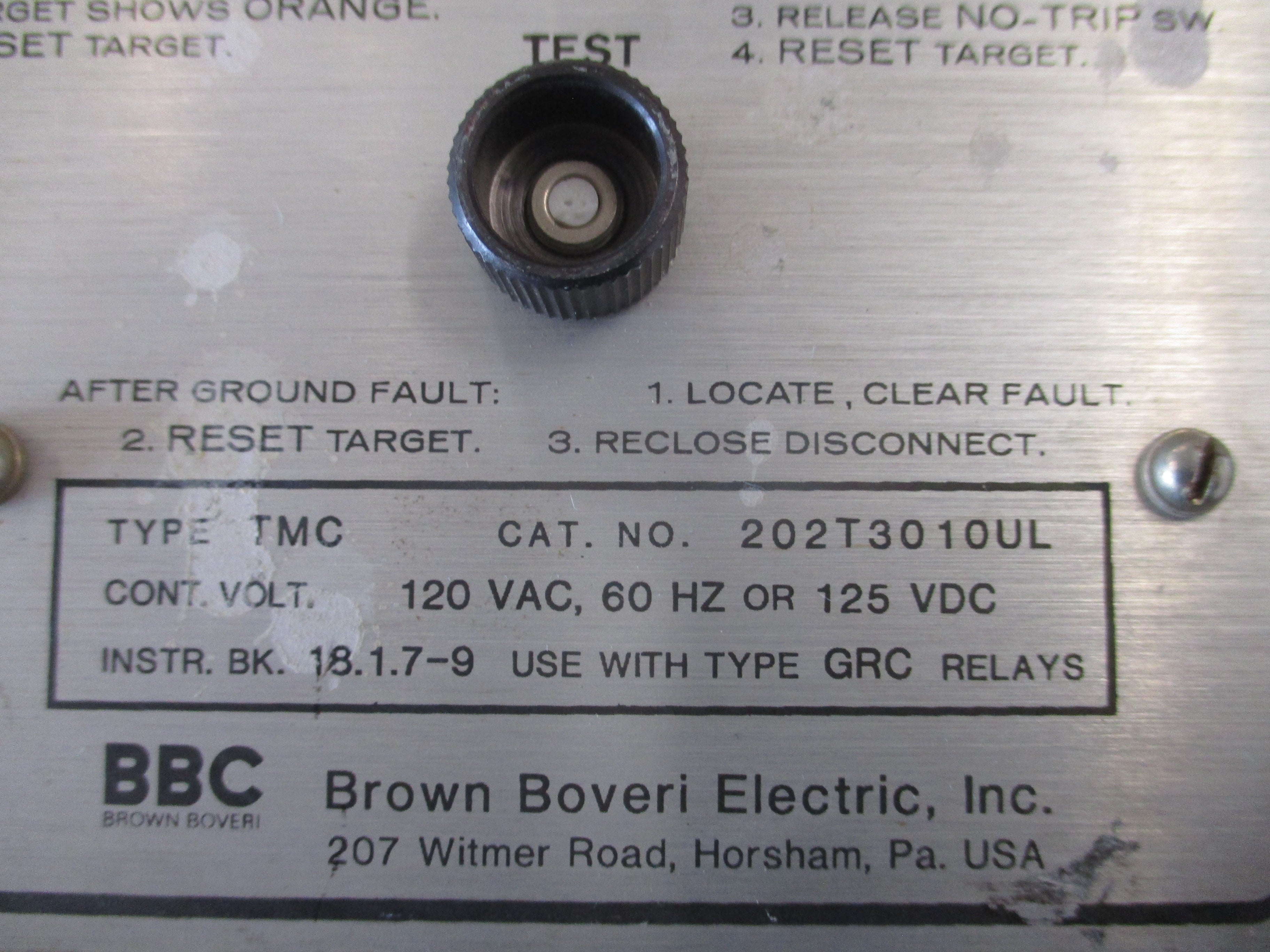 BBC Ground Shield Ground Fault Monitor 202T3010UL 120VAC 60Hz 125VDC