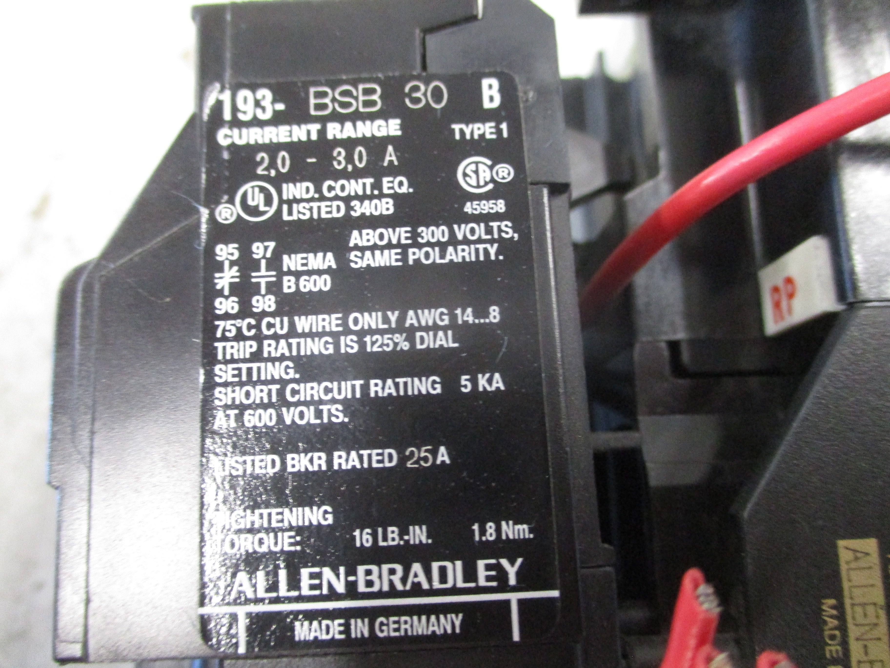 Allen-Bradley Starter 100-A18ND3 / 193-BSB30 120V Coil Trip: 2-3A Used