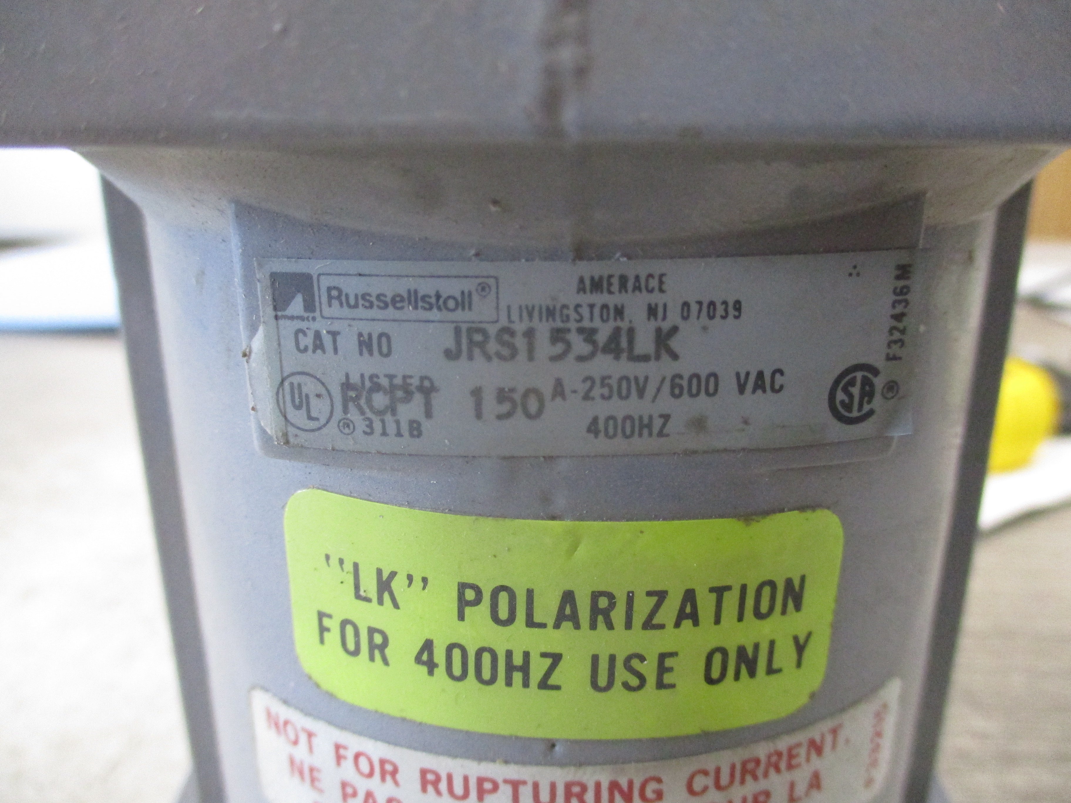 Russellstoll Receptacle JRS1534LK 150A 600V 2W+G 400Hz *No Cover* Used