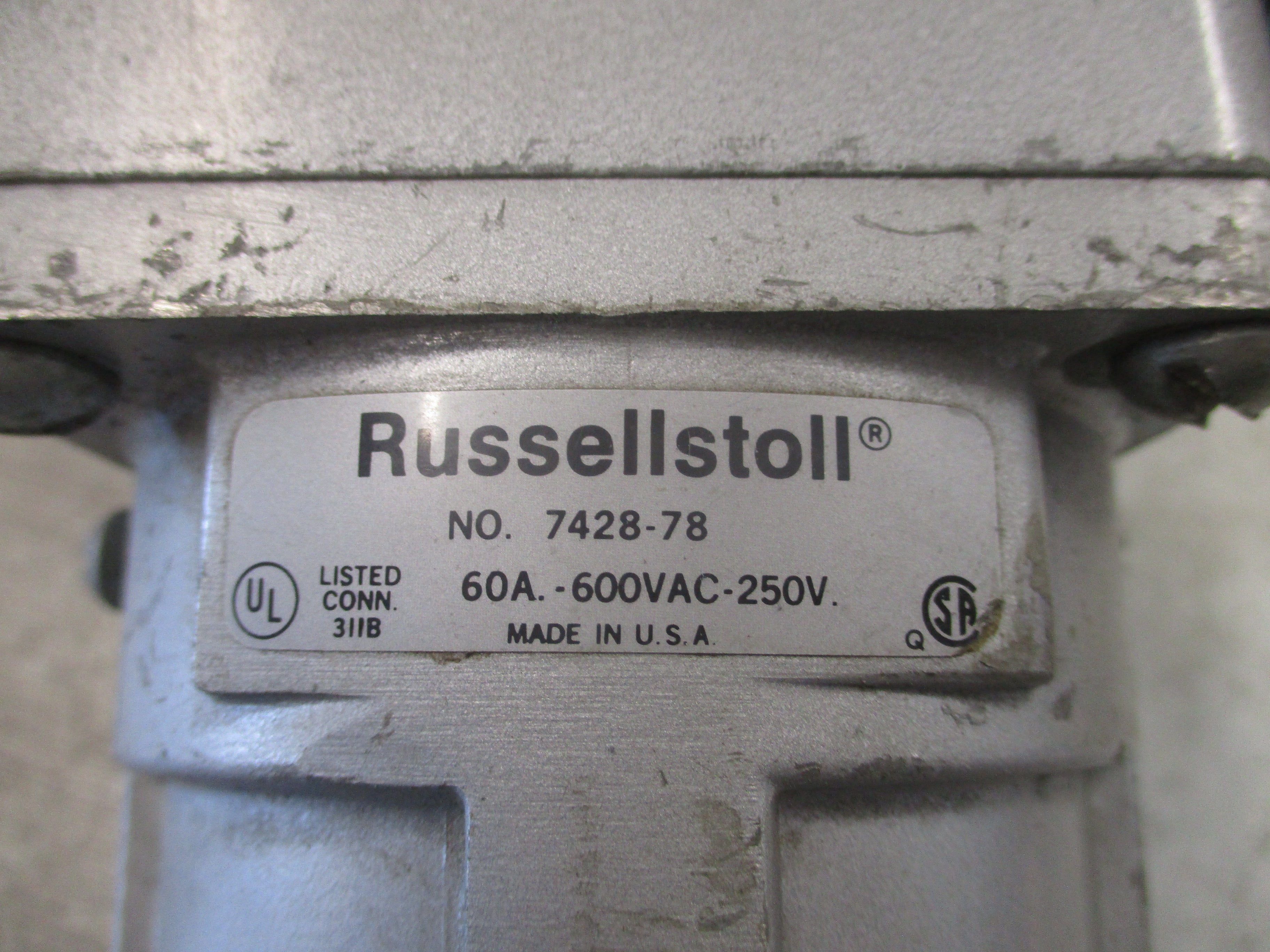 RussellStoll Receptacle 7428-78 60A 600V 3P 4W W/Body 7 Angle Adapter Used