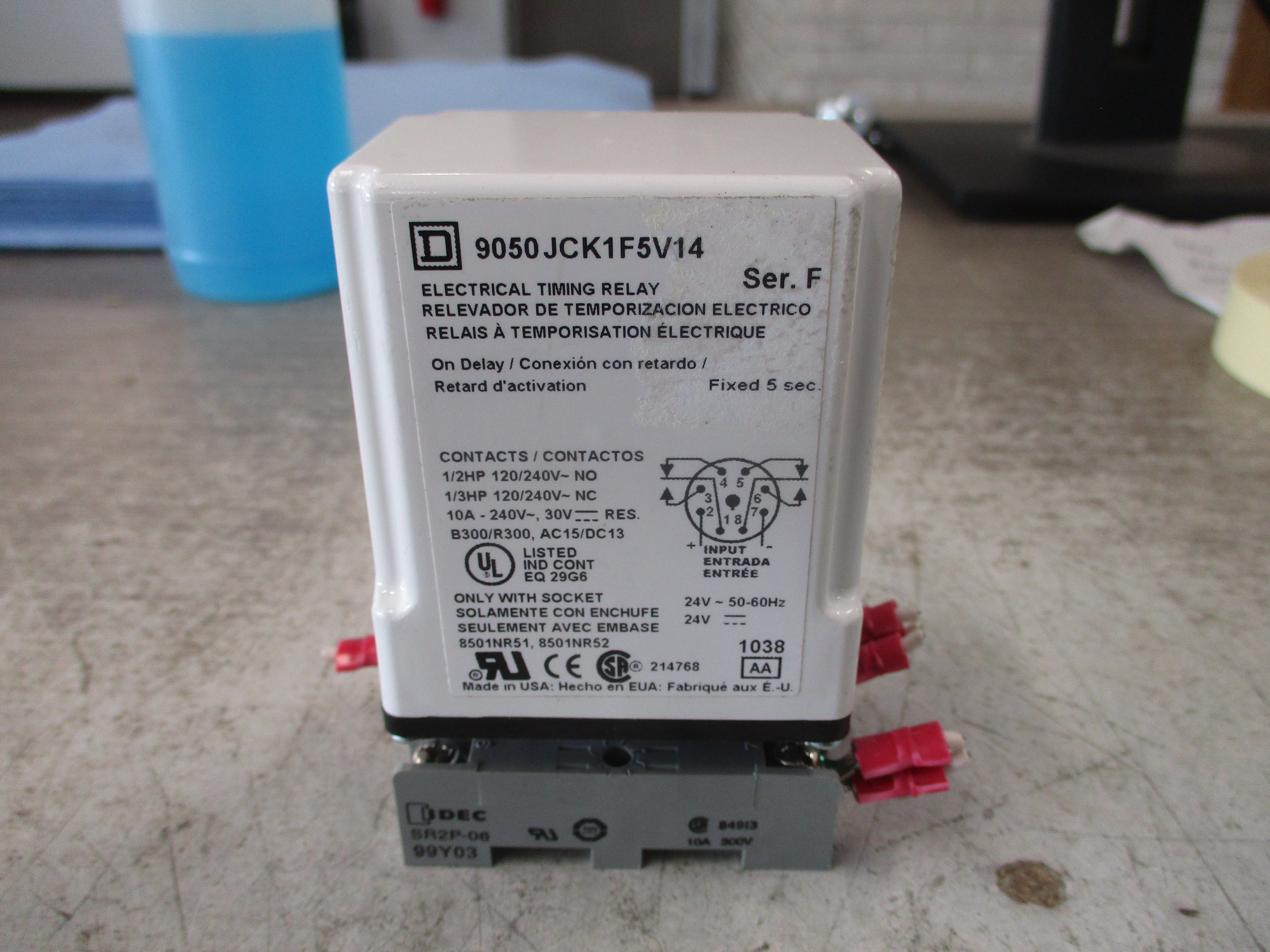 Square D Timing Relay 9050 JCK1F5V14 Ser. F Delay: Fixed 5 Sec w/ Base Used