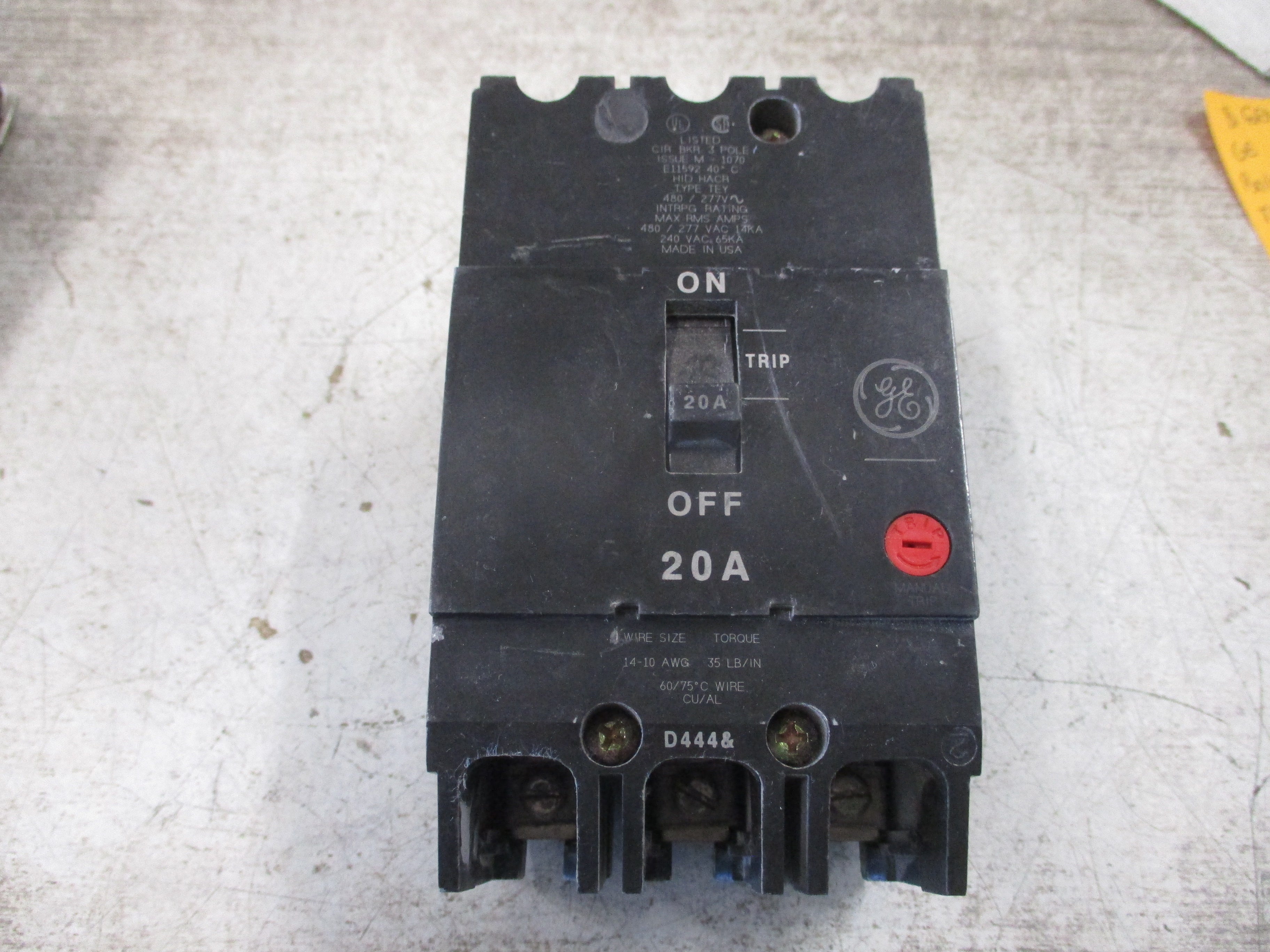 GE Bolt-On Circuit Breaker TEY320 20A 480/277V 3P Used